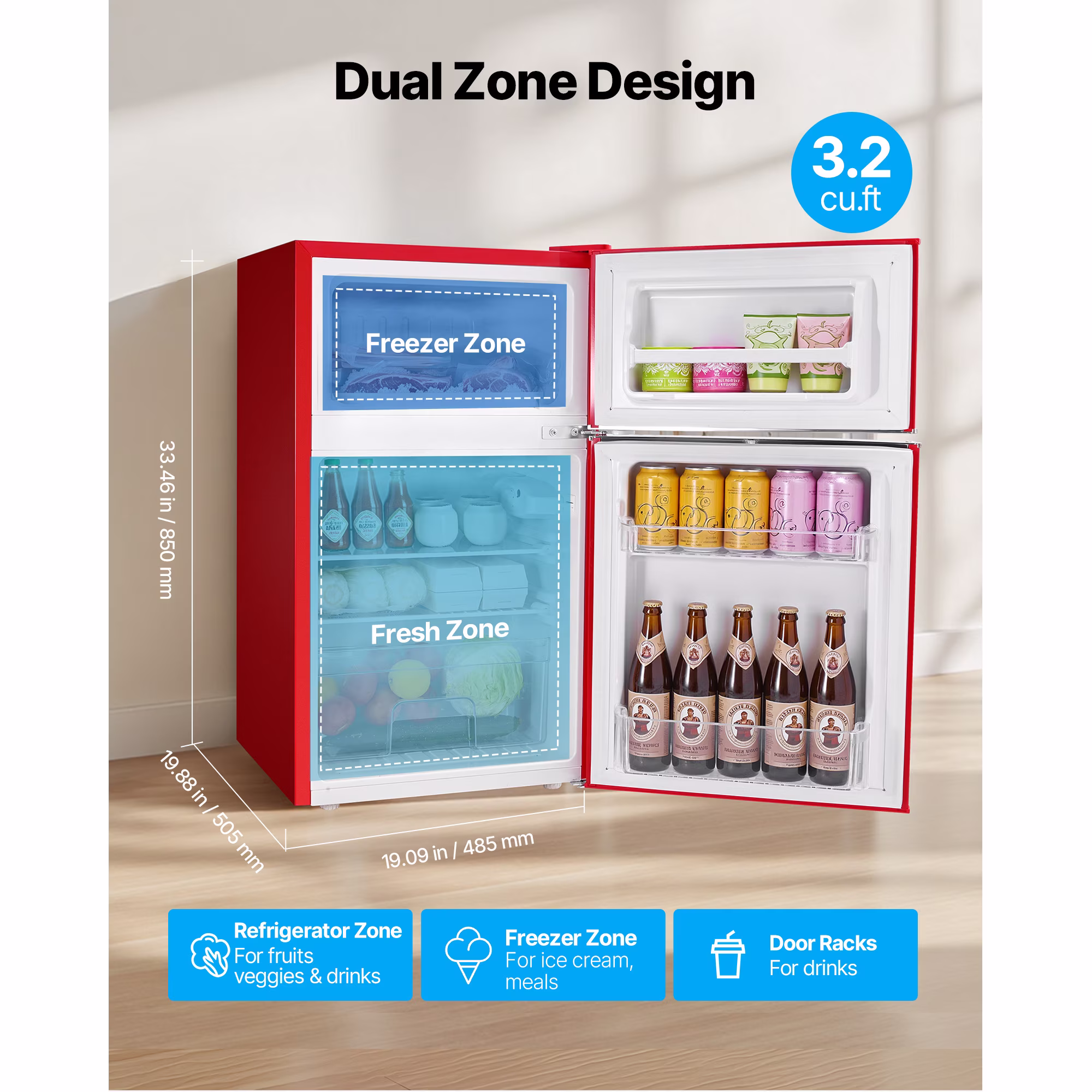 KFFKFF Compact Mini Fridge with Freezer, 3.2 Cu.Ft, Dual-Door Refrigerator with Adjustable Temperature, Glass Shelves, Energy-Saving Design, Quiet Operation, Ideal for Bedroom, Office, Red - Image 3