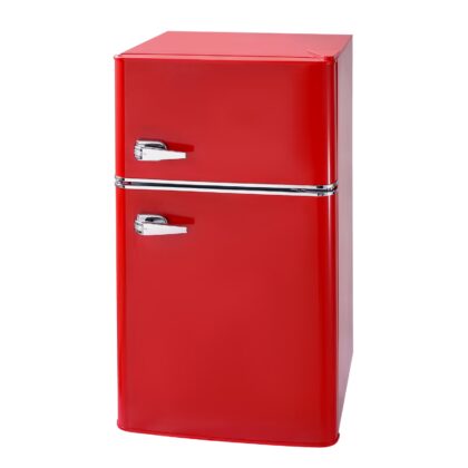 KFFKFF Compact Mini Fridge with Freezer, 3.2 Cu.Ft, Dual-Door Refrigerator with Adjustable Temperature, Glass Shelves, Energy-Saving Design, Quiet Operation, Ideal for Bedroom, Office, Red