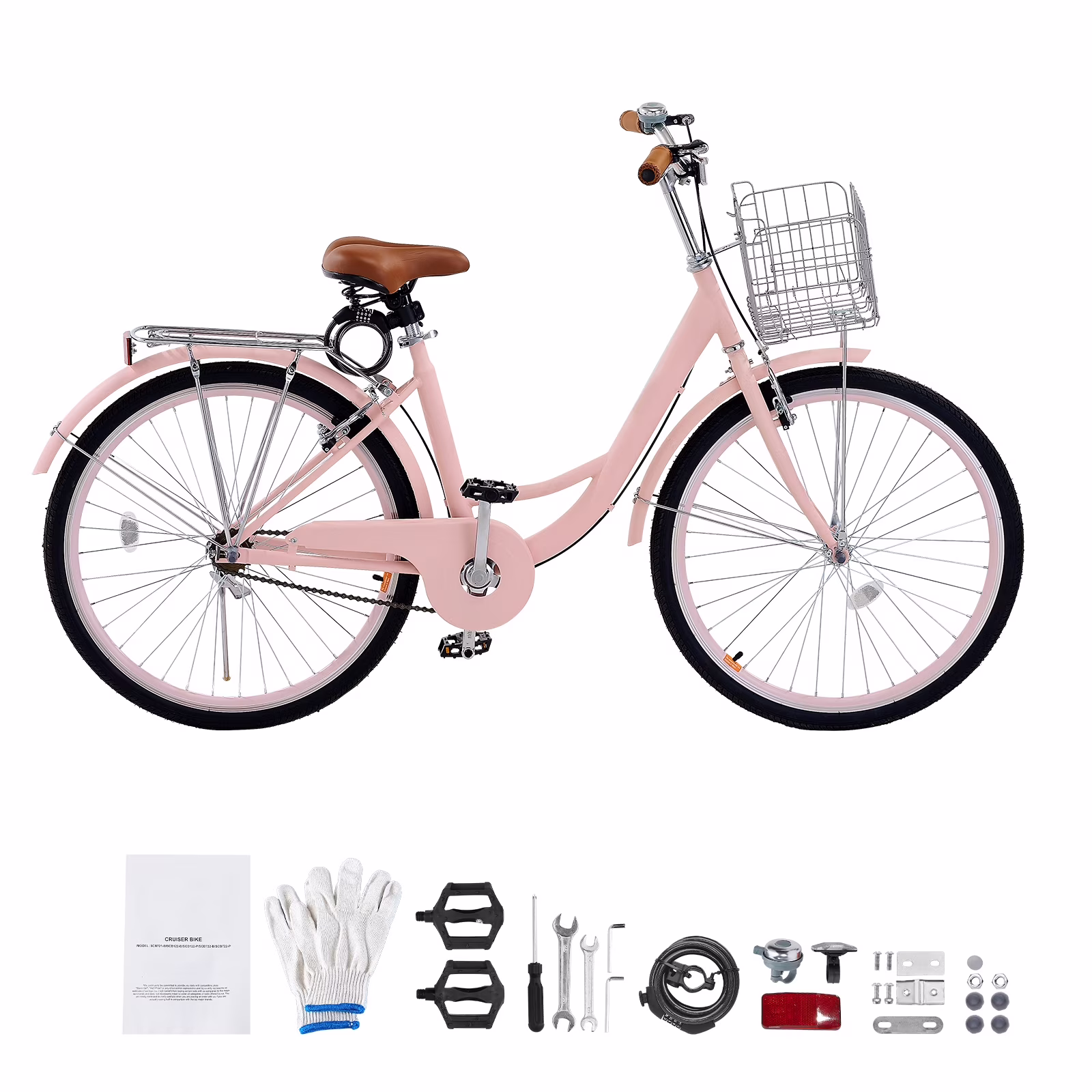 KFFKFF Cruiser Bike, Single Gear, 26-Inch Rose-Colored Seaside Cycling Bike with Spacious Basket and Back Stand, Robust Carbon Steel Leisure Bicycle for Adult Men and Women, with Modifiable Saddle