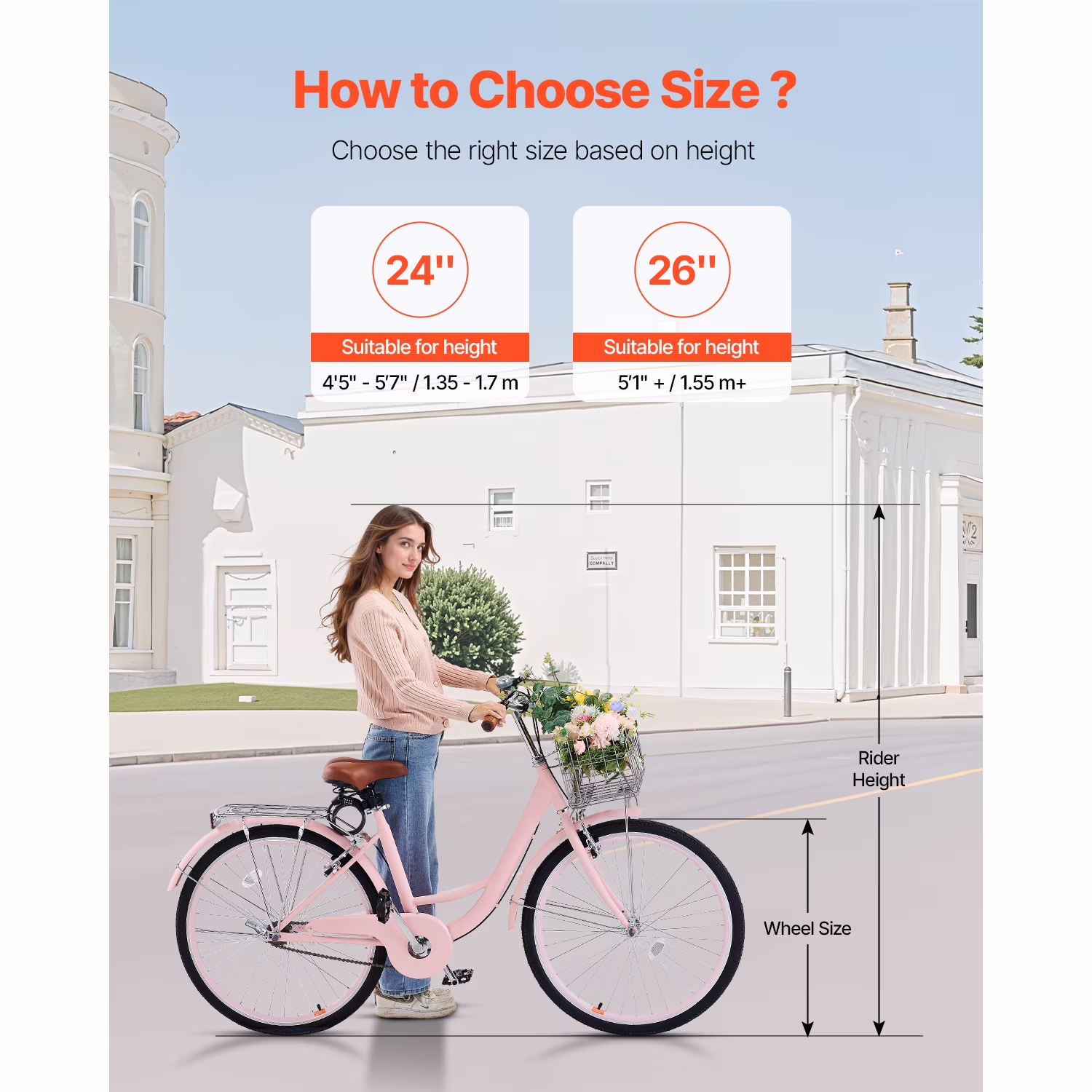 KFFKFF Cruiser Bike, Single Gear, 26-Inch Rose-Colored Seaside Cycling Bike with Spacious Basket and Back Stand, Robust Carbon Steel Leisure Bicycle for Adult Men and Women, with Modifiable Saddle - Image 4