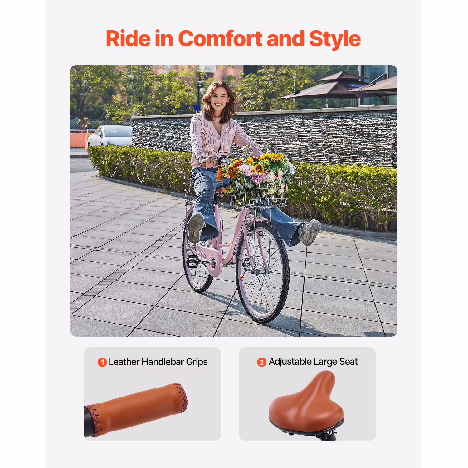 KFFKFF Cruiser Bike, Single Gear, 26-Inch Rose-Colored Seaside Cycling Bike with Spacious Basket and Back Stand, Robust Carbon Steel Leisure Bicycle for Adult Men and Women, with Modifiable Saddle - Image 3