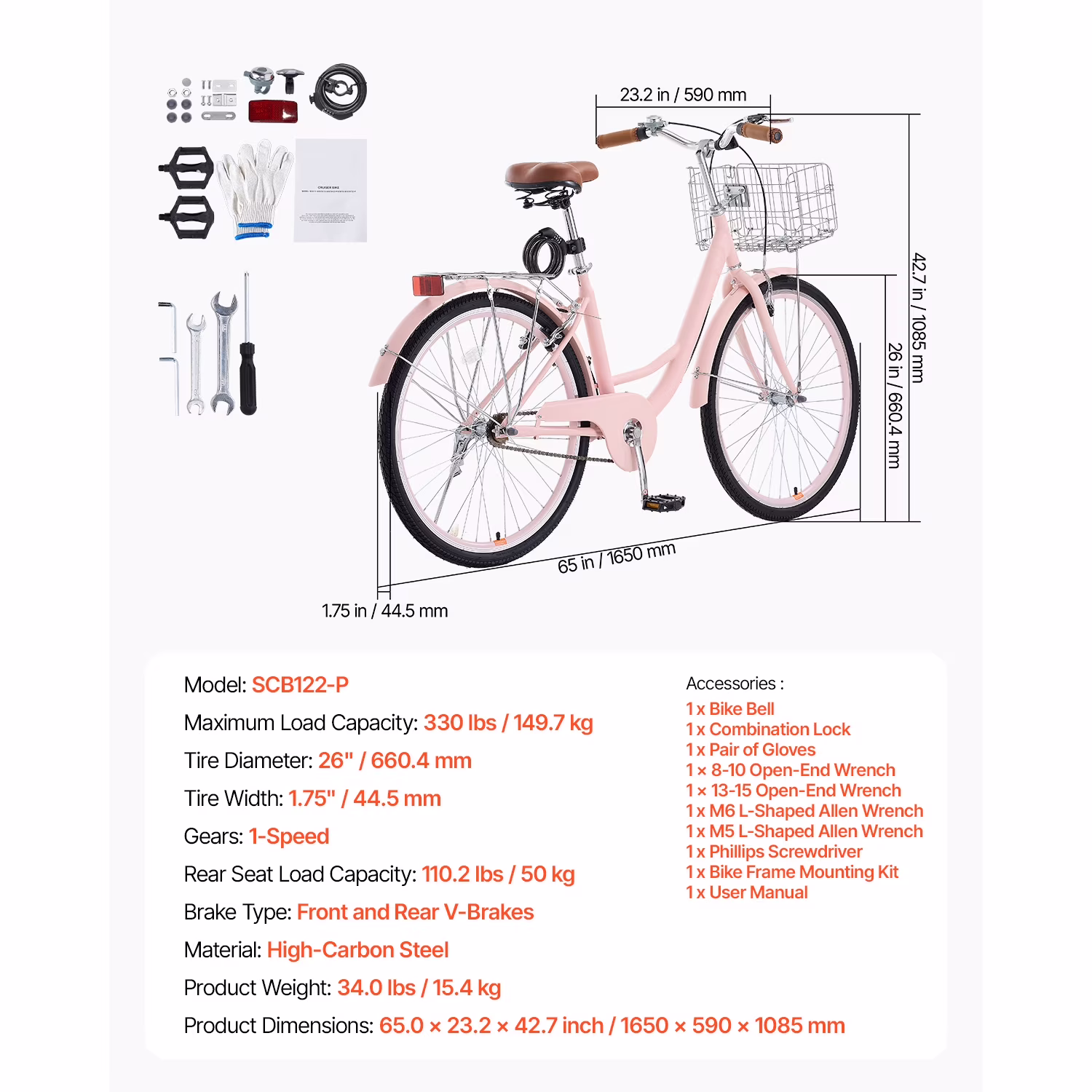 KFFKFF Cruiser Bike, Single Gear, 26-Inch Rose-Colored Seaside Cycling Bike with Spacious Basket and Back Stand, Robust Carbon Steel Leisure Bicycle for Adult Men and Women, with Modifiable Saddle - Image 5