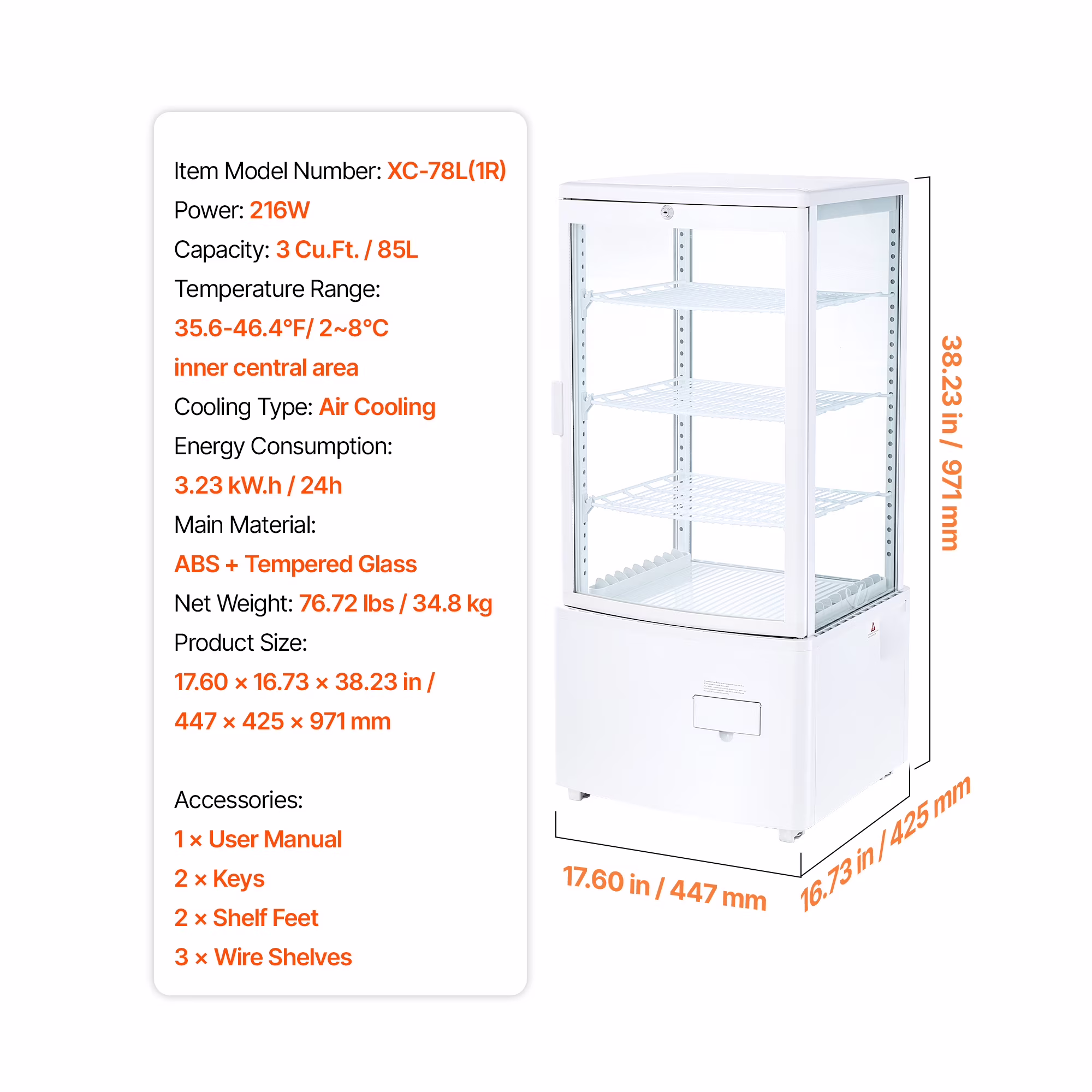 KFFKFF Refrigerated Countertop Display Case, 3 Cu.Ft./85L Capacity, 3-Tier Commercial Pastry Refrigerator with LED Lighting, Efficient Cooling System, Frost-Free Air Circulation, Ideal for Bakeries - Image 2