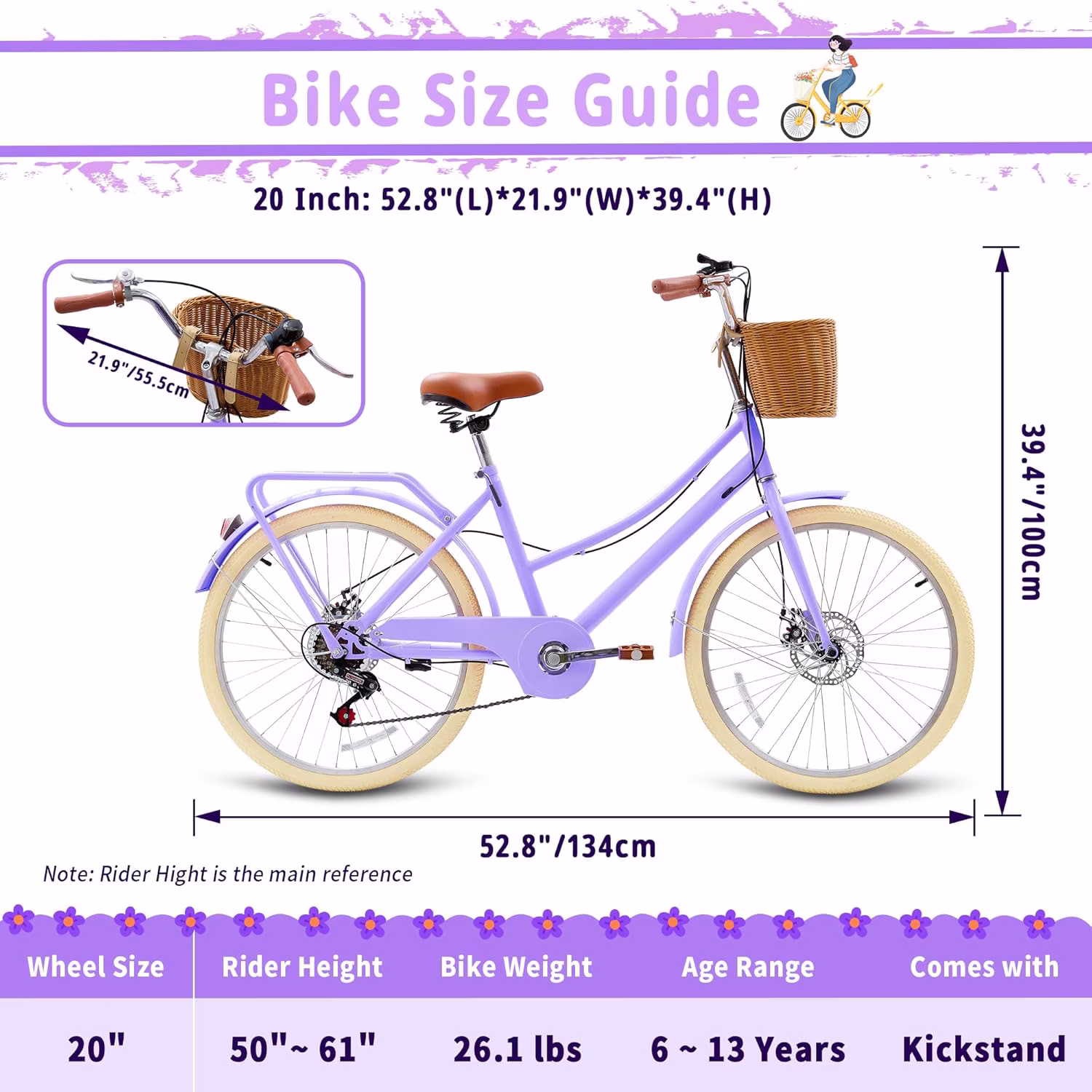 Kids Bike for Girls, Akaber 20 Inch Kids Bicycles for 6-15, 7-Speed Retro Cruiser with Rattan Basket, Lightweight Carbon Steel Frame, Dual Disc Brakes - Image 3