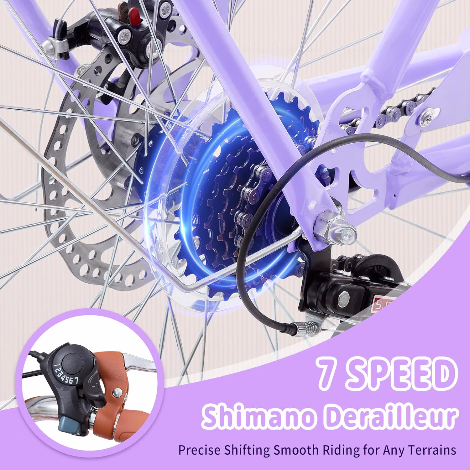 Kids Bike for Girls, Akaber 20 Inch Kids Bicycles for 6-15, 7-Speed Retro Cruiser with Rattan Basket, Lightweight Carbon Steel Frame, Dual Disc Brakes - Image 5