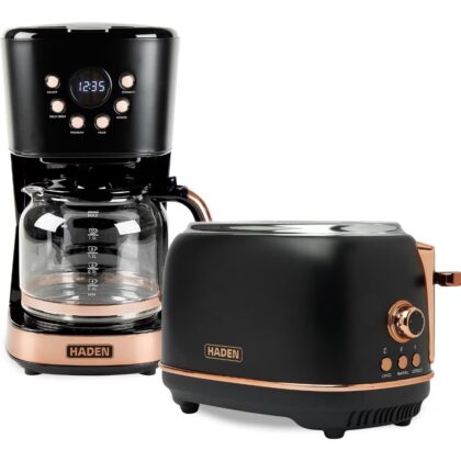 Kitchen appliance set: stainless steel 2-slice wide slot toaster and 12-cup programmable drip coffee maker, black copper finish, durable metal construction