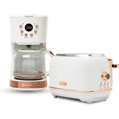 Kitchen countertop appliance set: stainless steel toaster with wide slots and programmable 12-cup coffee maker in blackdual-function, space-saving, consistent heating