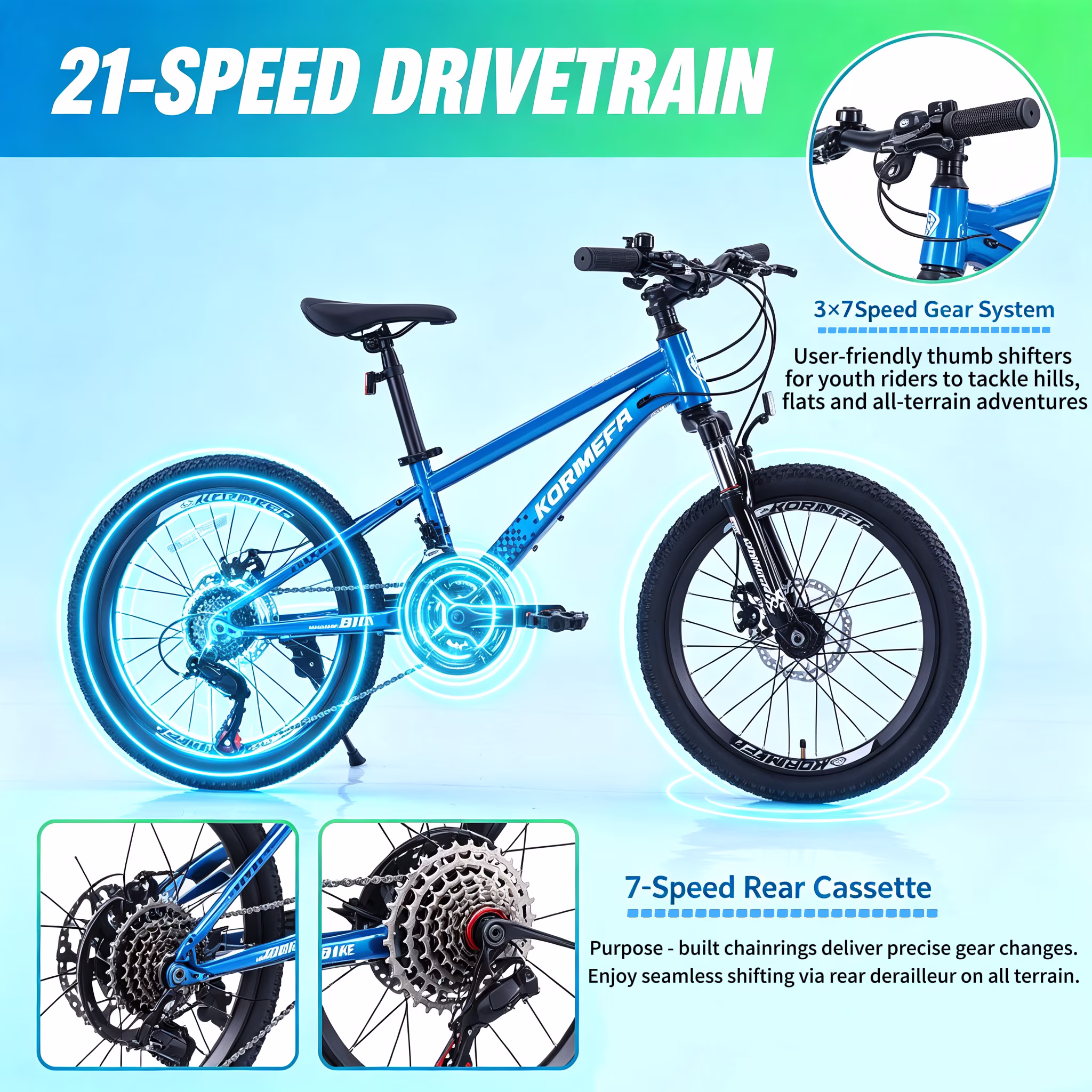 Korimefa 21-Speed Kids Bike, 20 inch Kids Mountain Bicycle for Boys Child Youth 6-12 Years Old, Double Disc Brake, Suspension Fork and Lightweight Aluminum Alloy Frame, Blue - Image 4