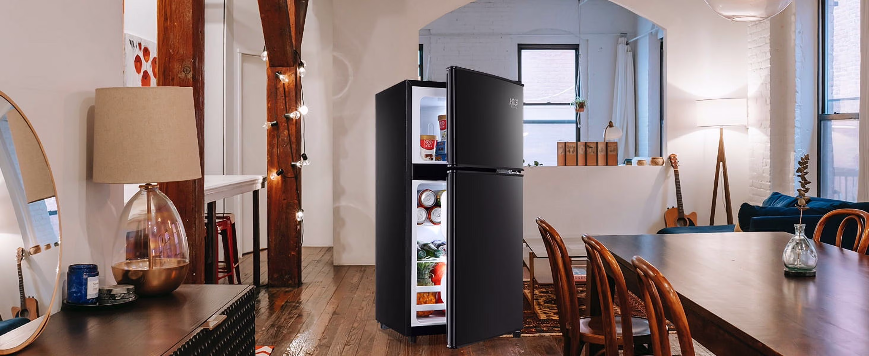 KRIB BLING 3.2 Cubic Feet Double Door Mini Fridge with Freezer, Mini Compact Refrigerator 2 Doors for Dorm, Office, Apartment, RV, Bedroom, Black - Image 2