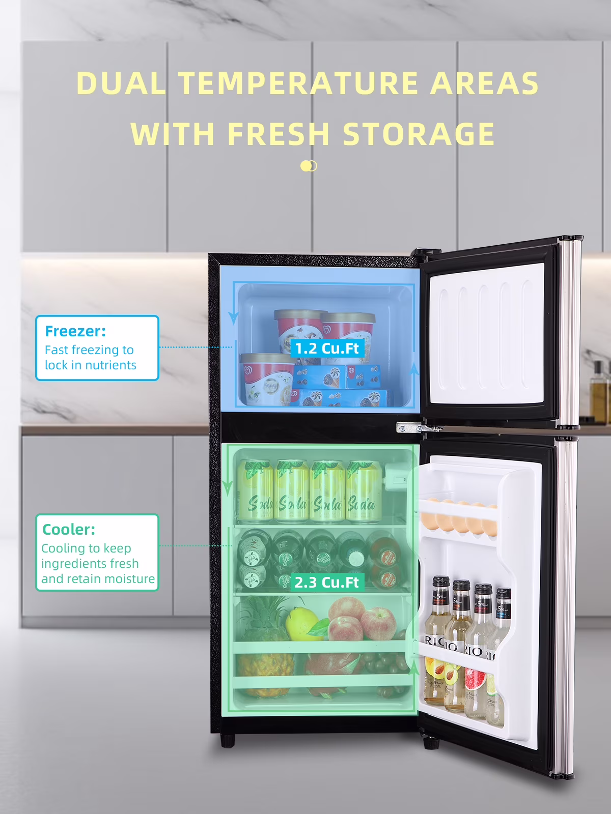 Krib Bling Compact Refrigerator 3.5 Cu.ft, Mini Fridge with Freezer, Small refrigerator with Dual Door, 7 Level Temperature, for Dorm, Apartment, Silver - Image 3