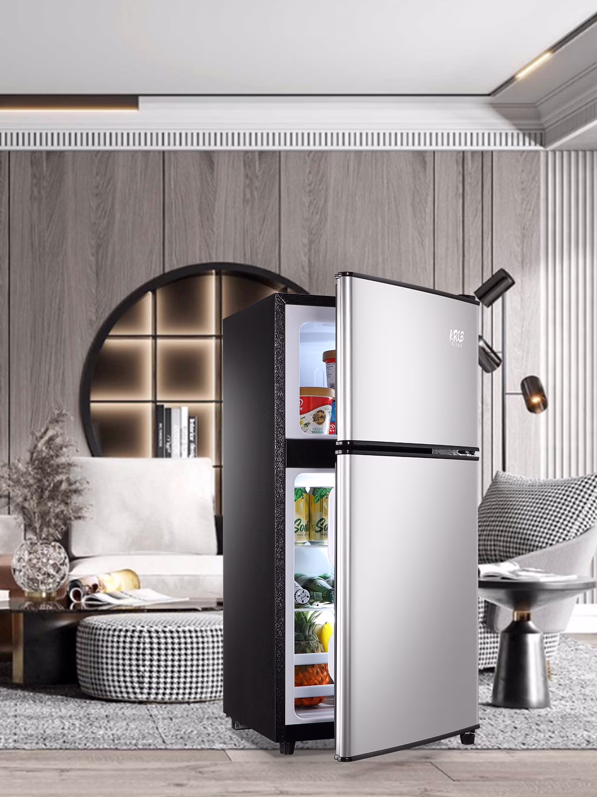 Krib Bling Compact Refrigerator 3.5 Cu.ft, Mini Fridge with Freezer, Small refrigerator with Dual Door, 7 Level Temperature, for Dorm, Apartment, Silver - Image 2