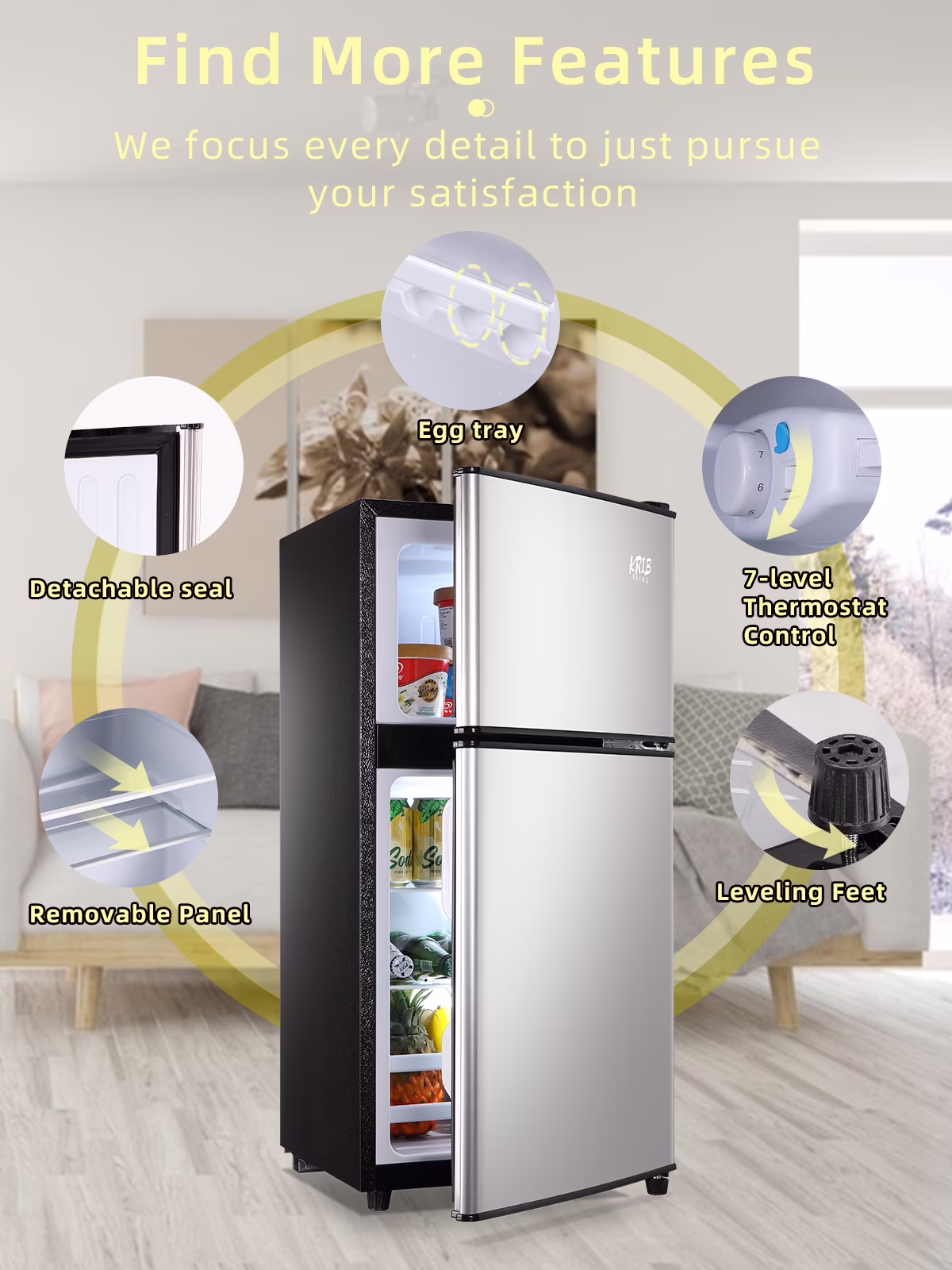 Krib Bling Compact Refrigerator 3.5 Cu.ft, Mini Fridge with Freezer, Small refrigerator with Dual Door, 7 Level Temperature, for Dorm, Apartment, Silver - Image 5