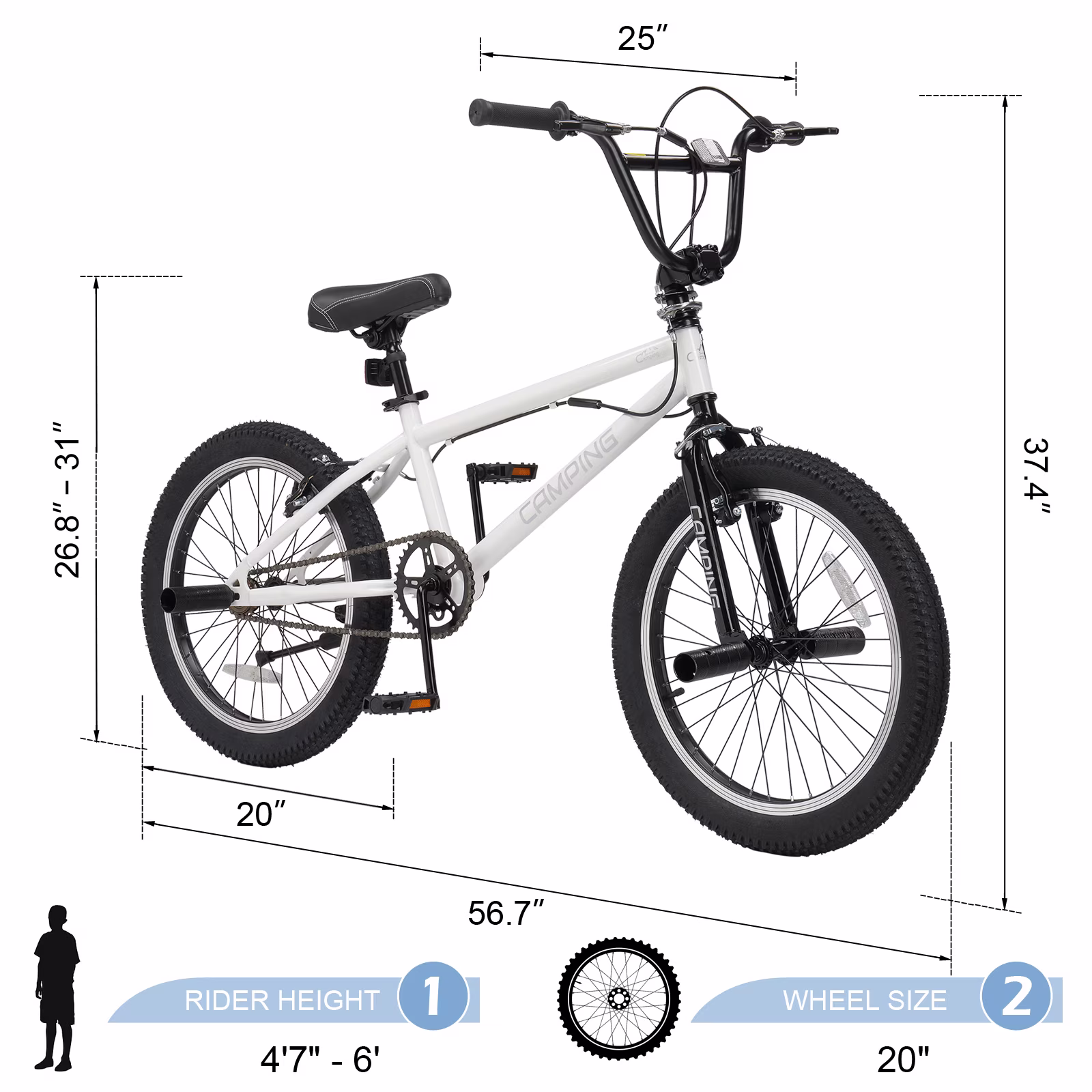 Ktaxon 20in BMX Bike, Beginner Trick Bicycle with Hi-Ten Steel Frame, 360 Degree Rotor Freestyle, 4 Pegs, V-Brake, White - Image 2