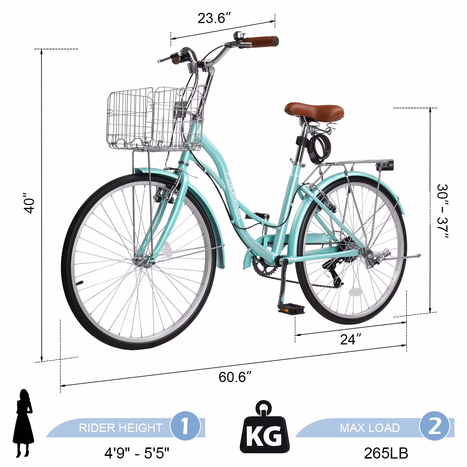 Ktaxon 24" Womens Bike, 7 Speed Cruiser Bike for Adults Women with Basket & Rack, Locks, Step Through City Bikes, Green - Image 2