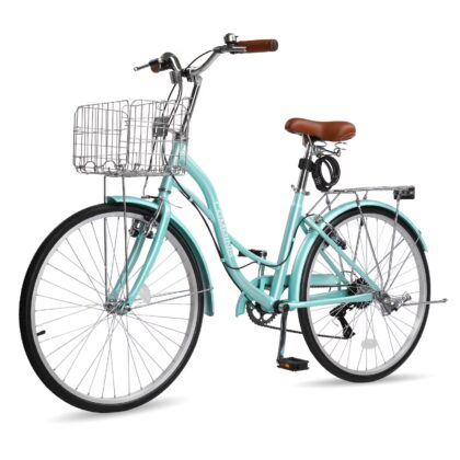 Ktaxon 24" Womens Bike, 7 Speed Cruiser Bike for Adults Women with Basket & Rack, Locks, Step Through City Bikes, Green