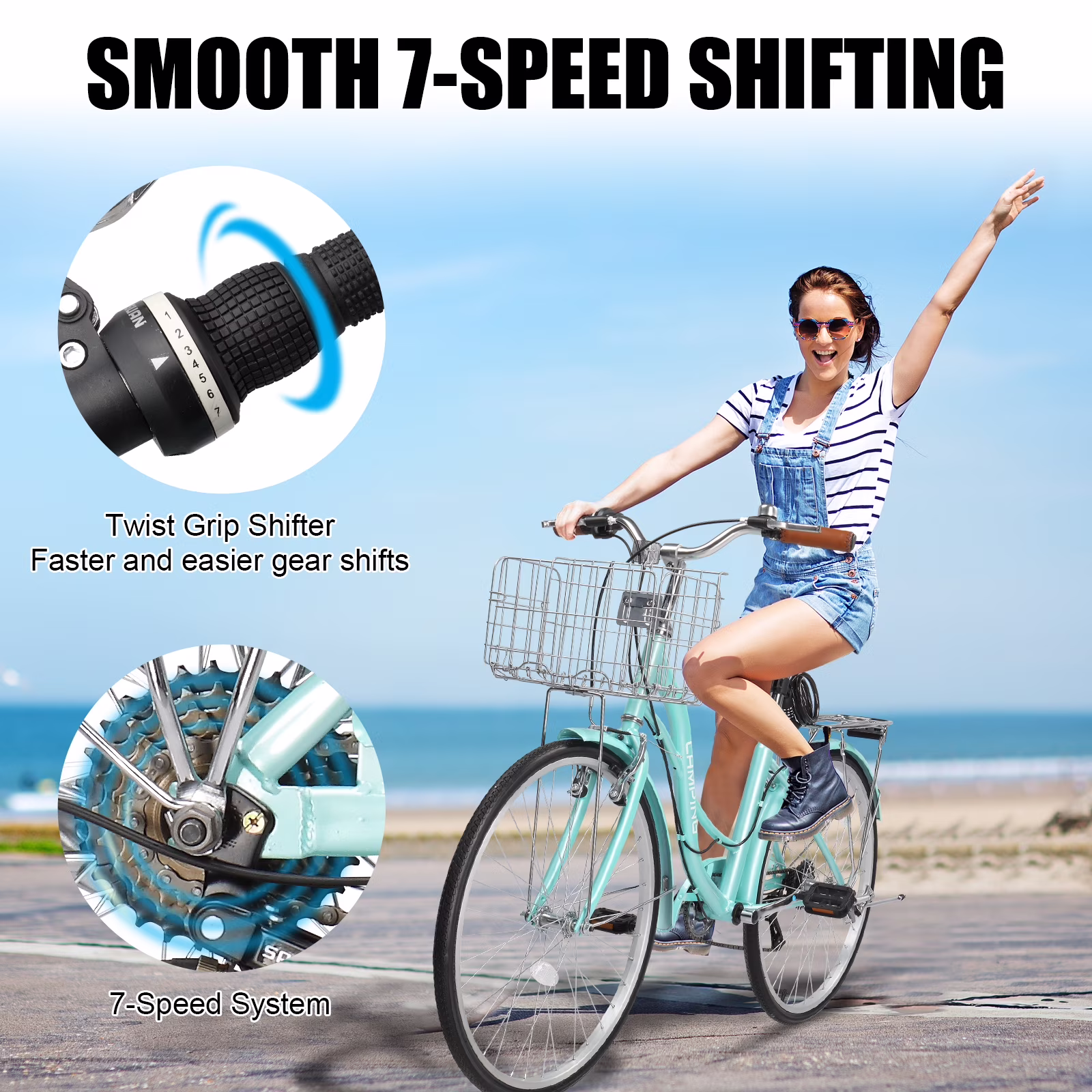Ktaxon 24" Womens Bike, 7 Speed Cruiser Bike for Adults Women with Basket & Rack, Locks, Step Through City Bikes, Green - Image 3