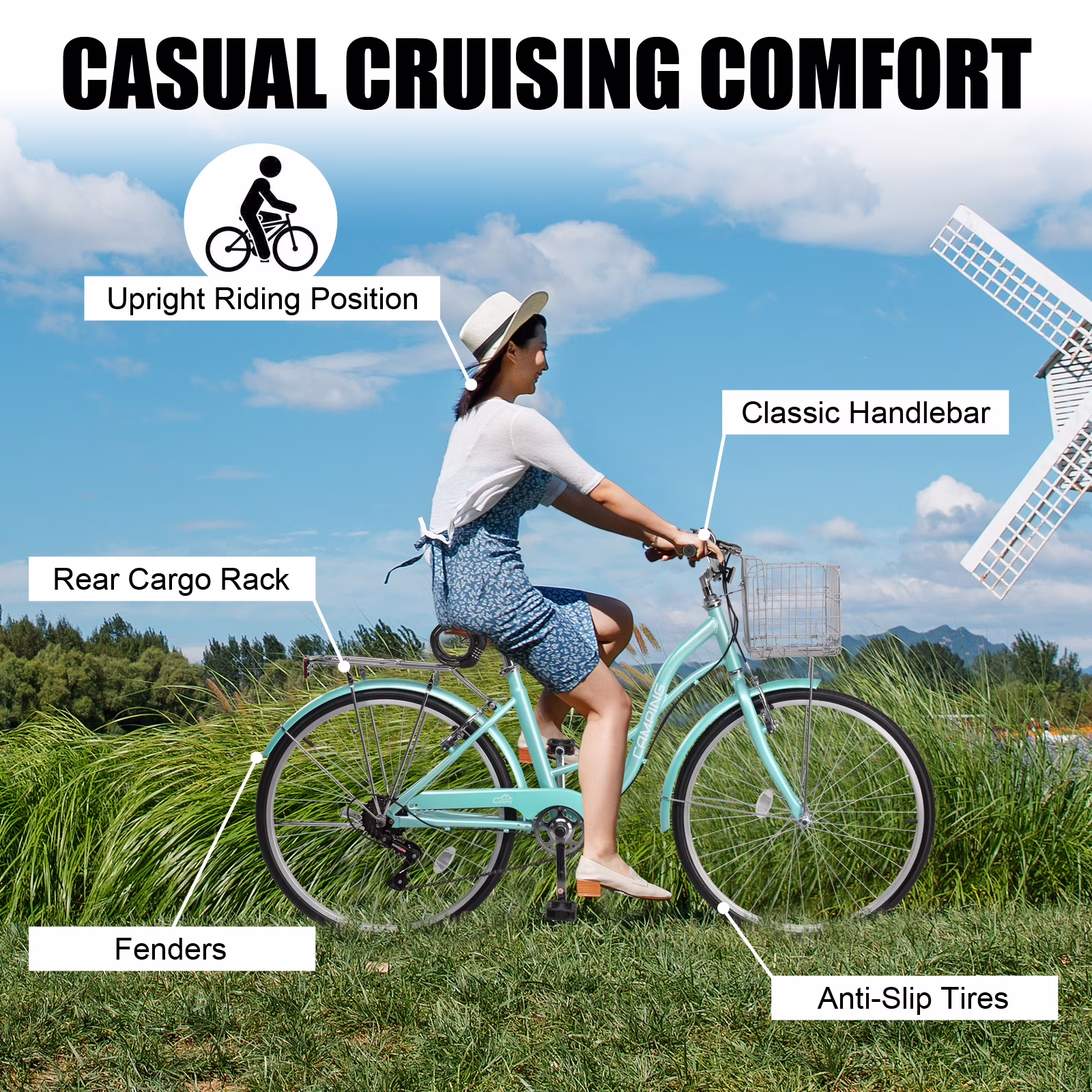 Ktaxon 24" Womens Bike, 7 Speed Cruiser Bike for Adults Women with Basket & Rack, Locks, Step Through City Bikes, Green - Image 5