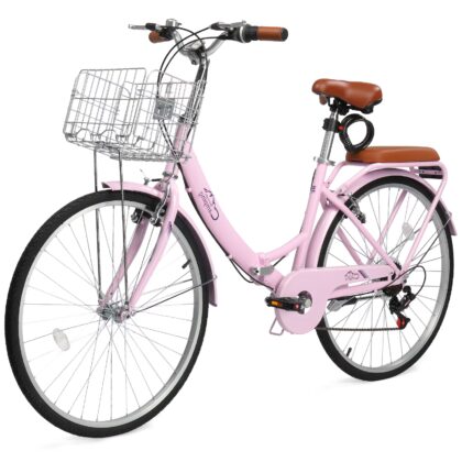 Ktaxon 26 Inch Folding Beach Cruiser Bike, 7 Speed Womens Bike with Foldable Basket, Lock & Rack, Pink