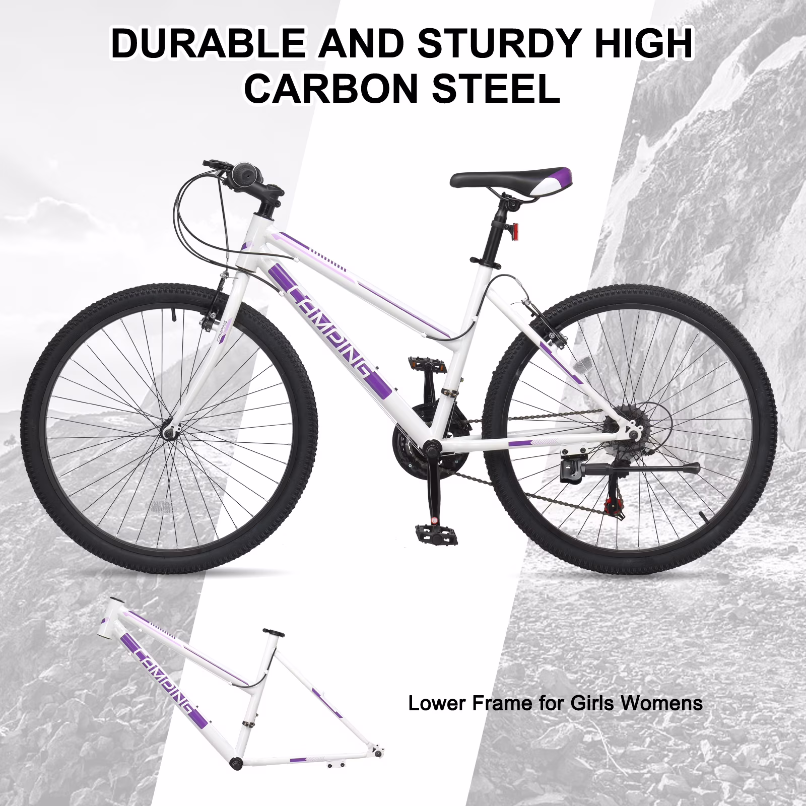 Ktaxon 26 inch Mountain Bike for Women, Dual V Brakes 21 Speeds Women Bike, Purple White - Image 2