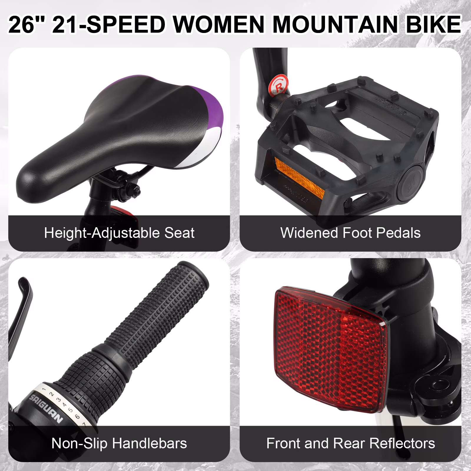 Ktaxon 26 inch Mountain Bike for Women, Dual V Brakes 21 Speeds Women Bike, Purple White - Image 3