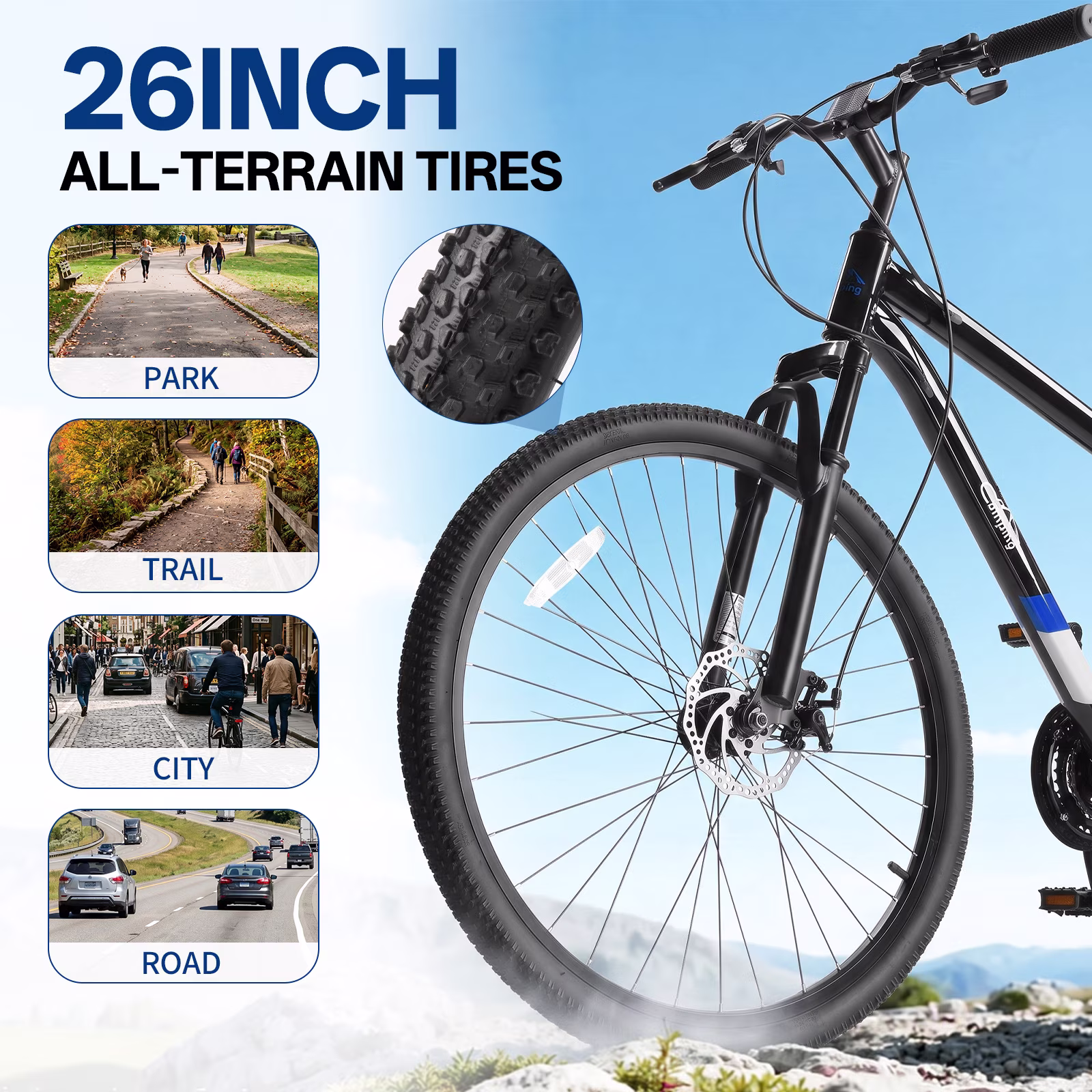Ktaxon 26" Mountain Bike for Men, 21-Speed Adult Bike with Trigger Shifter, Front Suspension, Disc Brakes, 2.125" All-Terrain Tires, Black Blue - Image 2