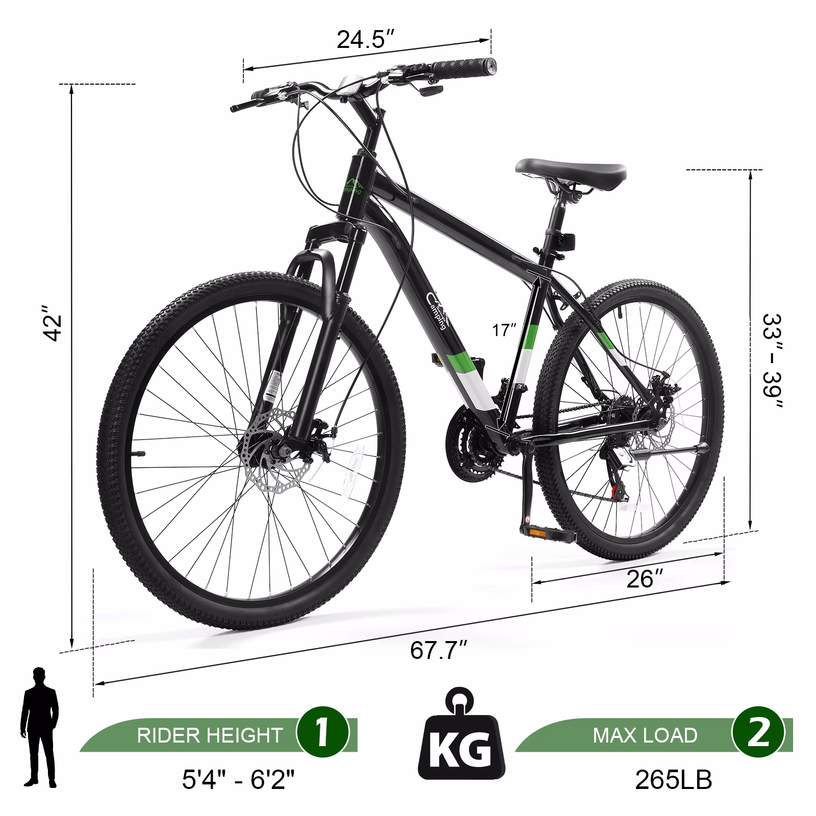Ktaxon 26" Mountain Bike for Men, 21-Speed Adult Bike with Trigger Shifter, Front Suspension, Disc Brakes, 2.125" All-Terrain Tires,Black Green - Image 4