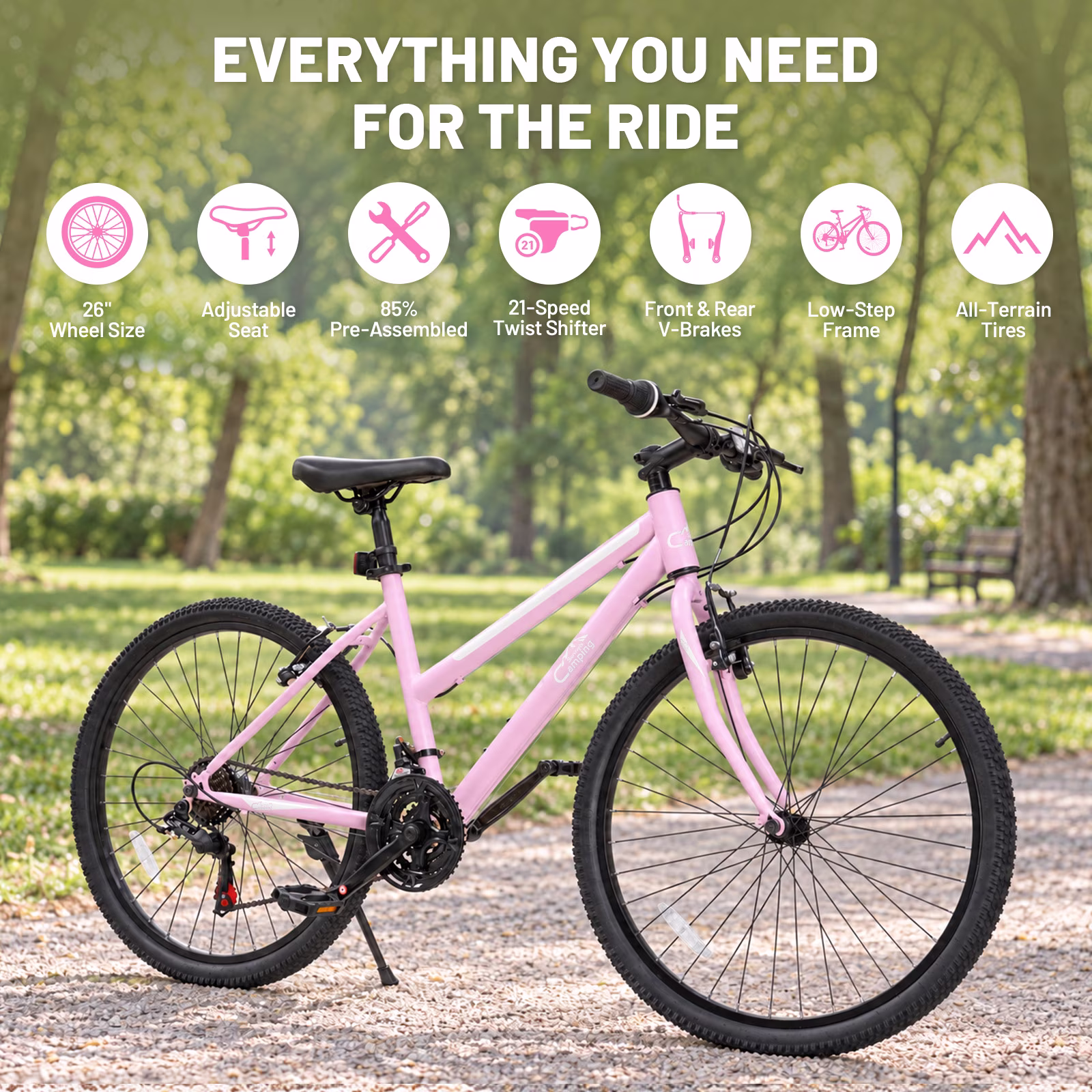 Ktaxon 26" Women's Mountain Bike, 21-Speed Adult MTB with Low-Step Frame, Dual V-Brakes, All-Terrain Tires, Pink - Image 5