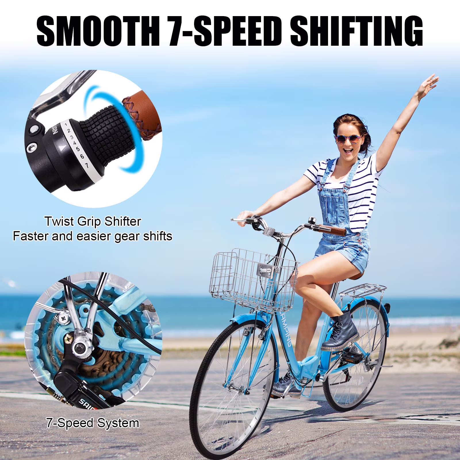 Ktaxon 26in Folding Beach Cruiser Bike for Women, 7-Speed City Commuter Bike with Lock, Basket & Rack, Blue - Image 4