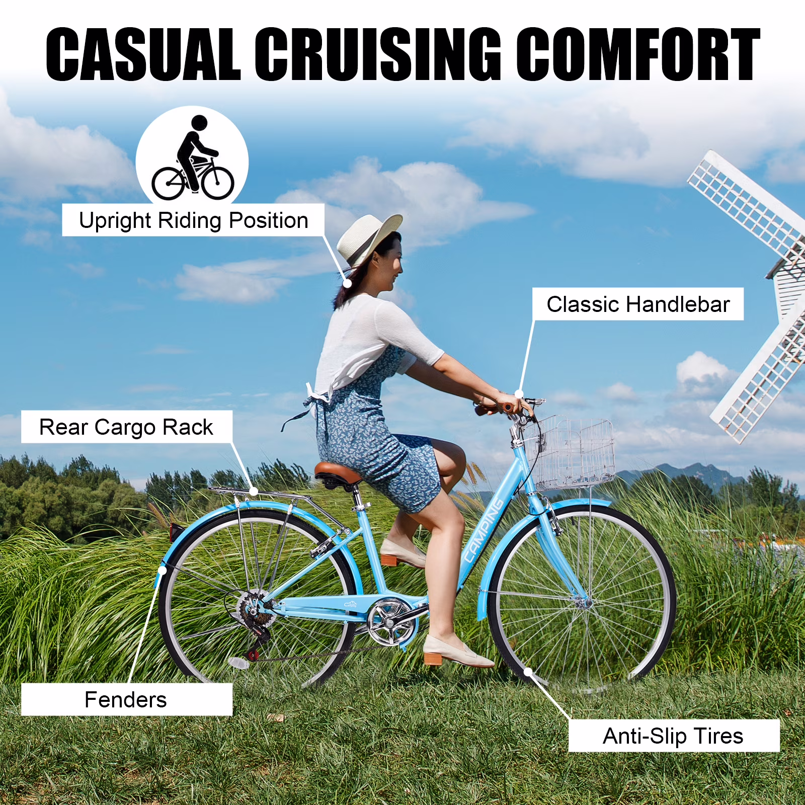 Ktaxon 26in Folding Beach Cruiser Bike for Women, 7-Speed City Commuter Bike with Lock, Basket & Rack, Blue - Image 2