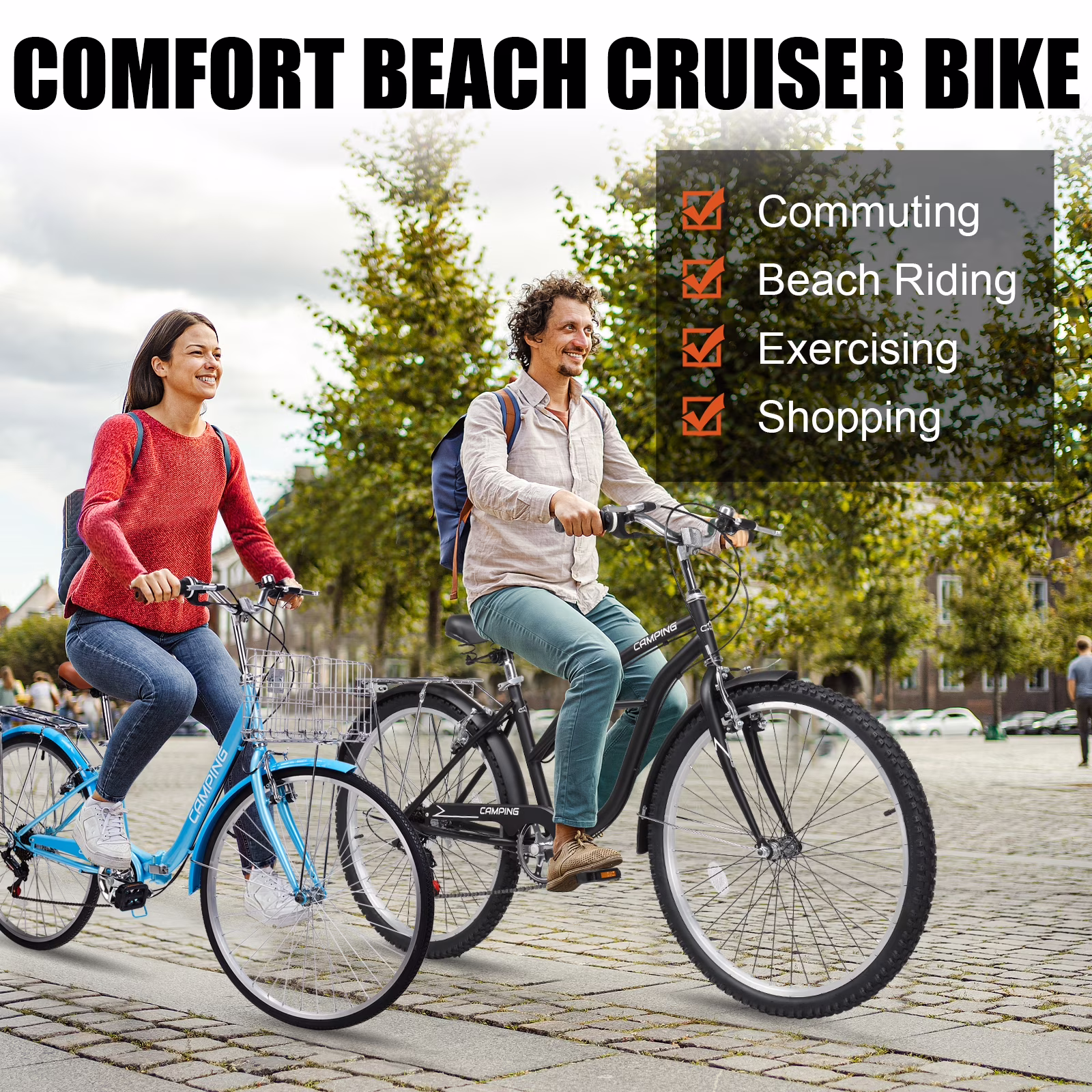 Ktaxon 26in Folding Beach Cruiser Bike for Women, 7-Speed City Commuter Bike with Lock, Basket & Rack, Blue - Image 3