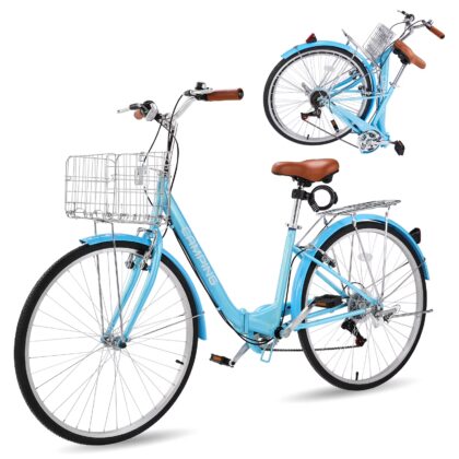 Ktaxon 26in Folding Beach Cruiser Bike for Women, 7-Speed City Commuter Bike with Lock, Basket & Rack, Blue