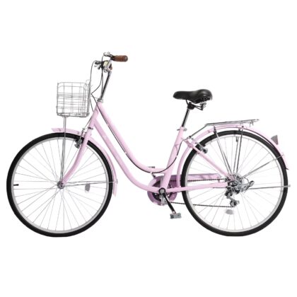 Ktaxon 26in Women Beach Cruiser Bike, Shimano 7‑Speed Adult City Commuter Bike with Basket, Pink