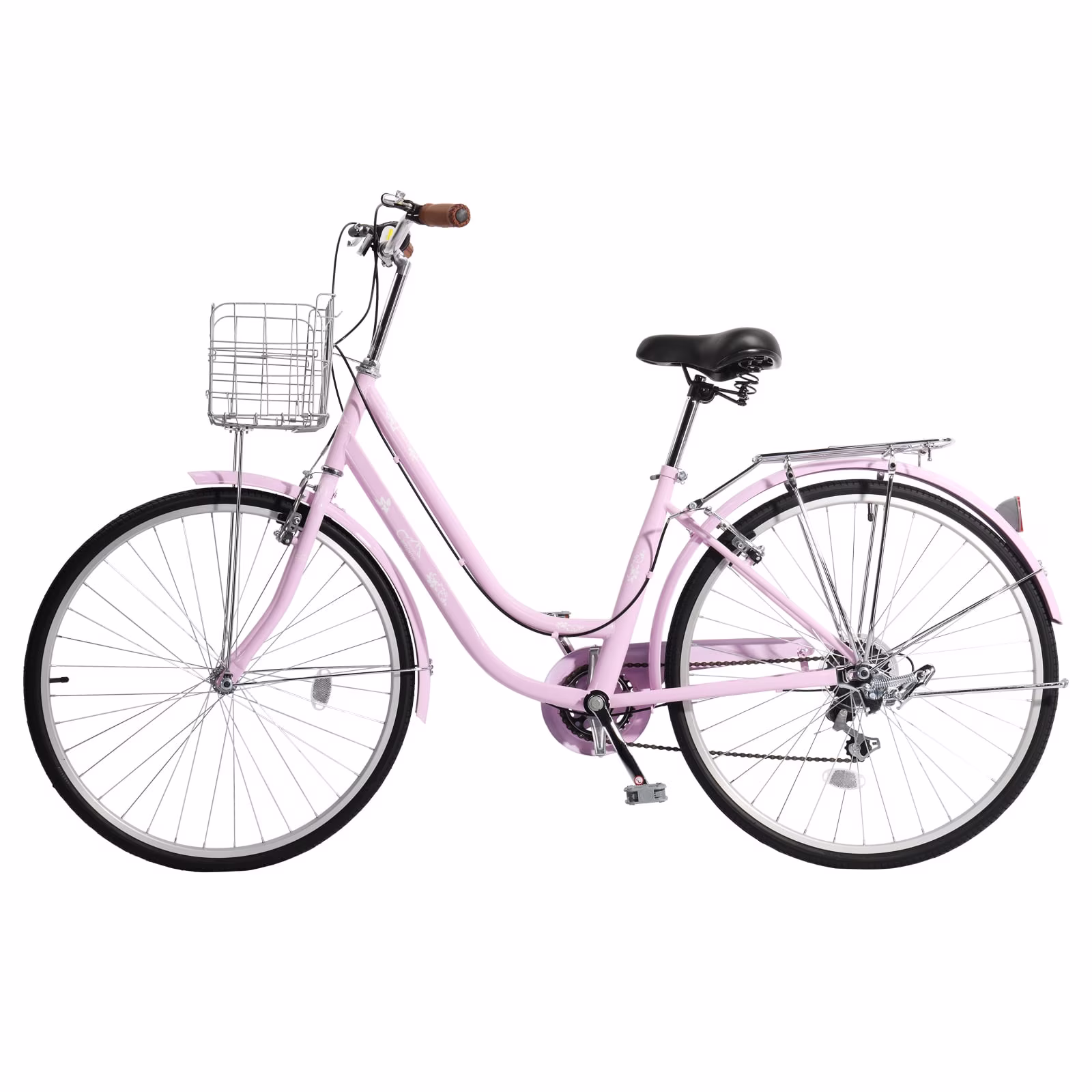 Ktaxon 26in Women Beach Cruiser Bike, Shimano 7‑Speed Adult City Commuter Bike with Basket, Pink