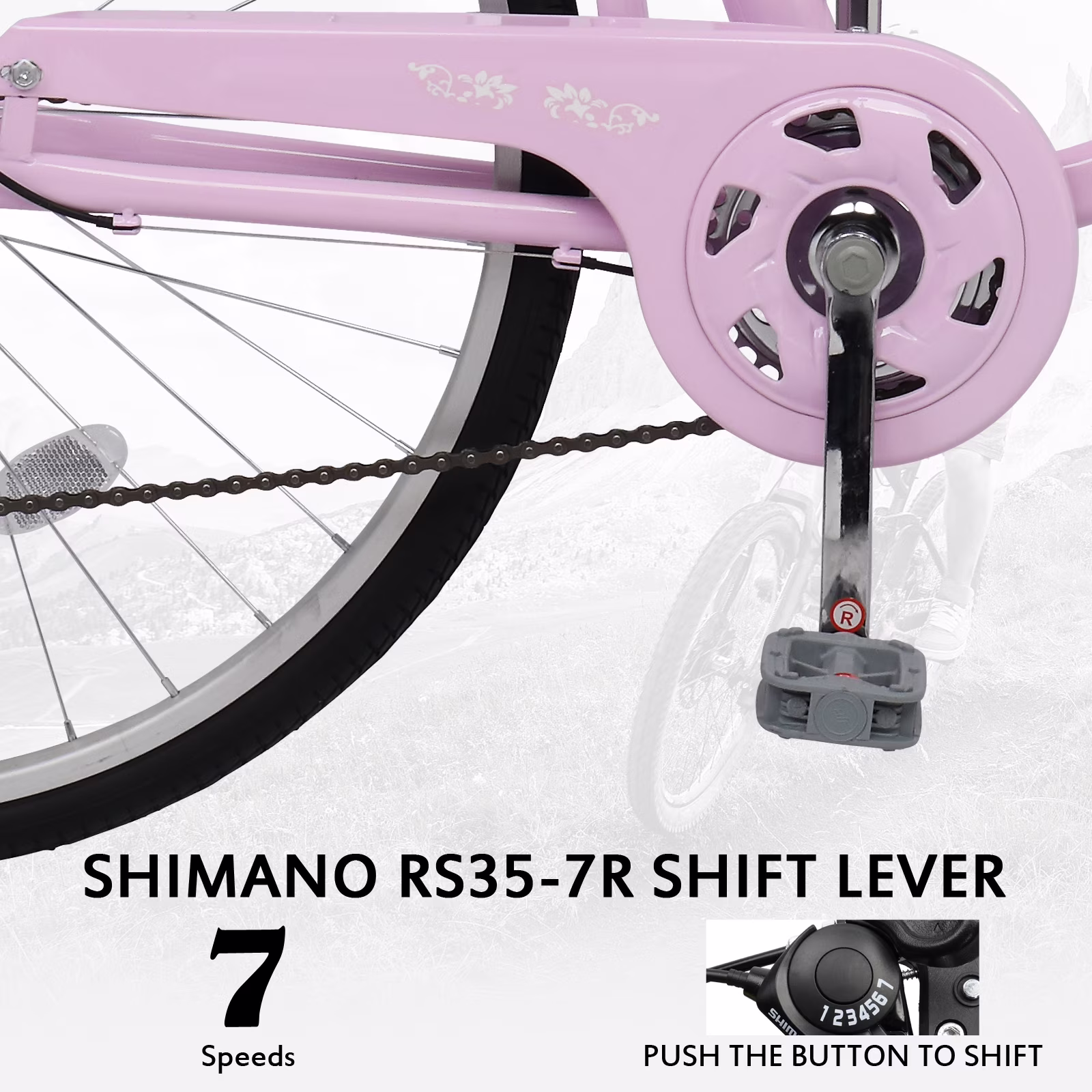 Ktaxon 26in Women Beach Cruiser Bike, Shimano 7‑Speed Adult City Commuter Bike with Basket, Pink - Image 2