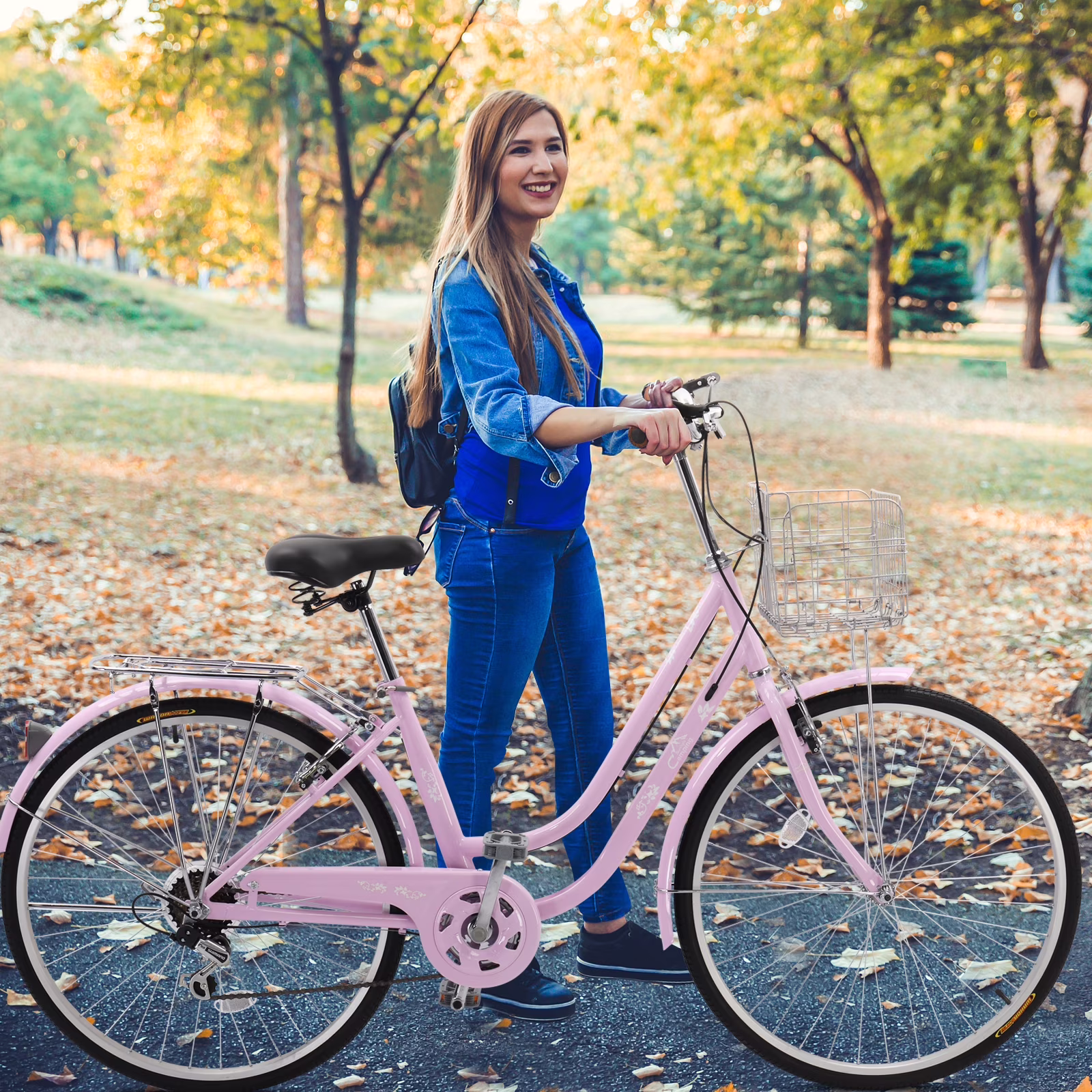 Ktaxon 26in Women Beach Cruiser Bike, Shimano 7‑Speed Adult City Commuter Bike with Basket, Pink - Image 5