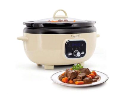 Large Capacity Retro Style Digital Slow Cooker With Programmable Timer And Ceramic Pot For Stew Soup Braising Kitchen Appliance,White