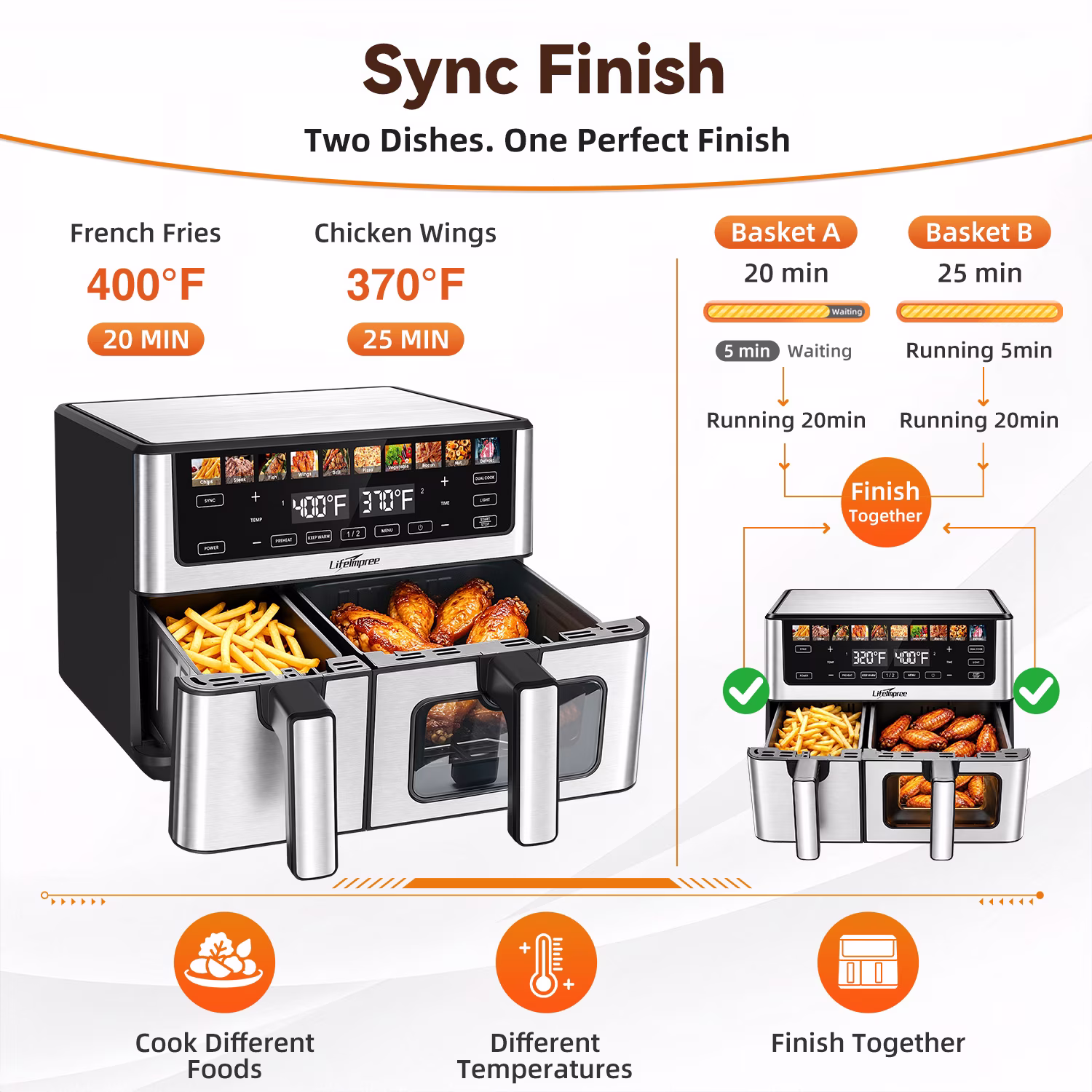 LifeImpree 11 QT Dual Basket Air Fryer with Viewing Window, 1800W Digital Air Fryer, Sync Finish & Dual Cook, 12 One-Touch Presets, 100°F–400°F - Image 3