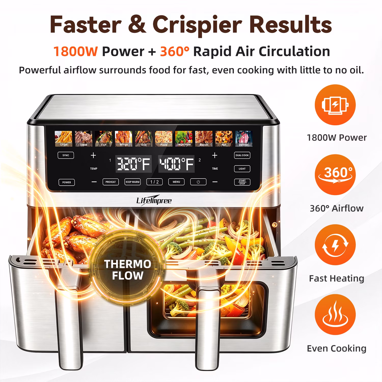 LifeImpree 11 QT Dual Basket Air Fryer with Viewing Window, 1800W Digital Air Fryer, Sync Finish & Dual Cook, 12 One-Touch Presets, 100°F–400°F - Image 2