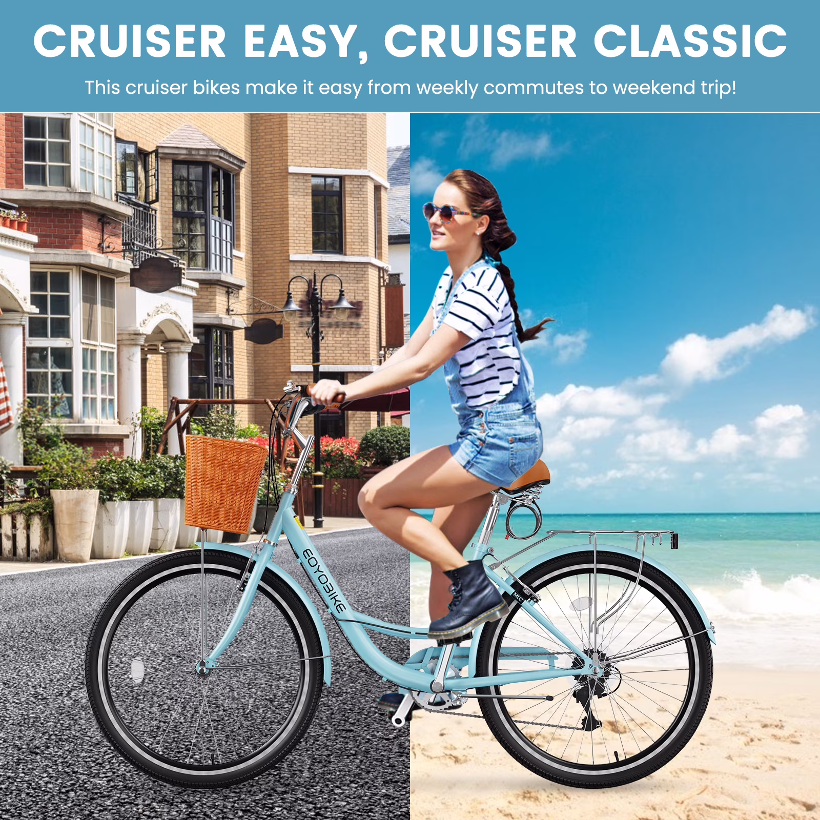 Lilypelle 24/26inch Beach Cruiser Bicycle for Women, 7 Speed Step Through Adult Commute Bike with Basket & Rack,Cyan - Image 2