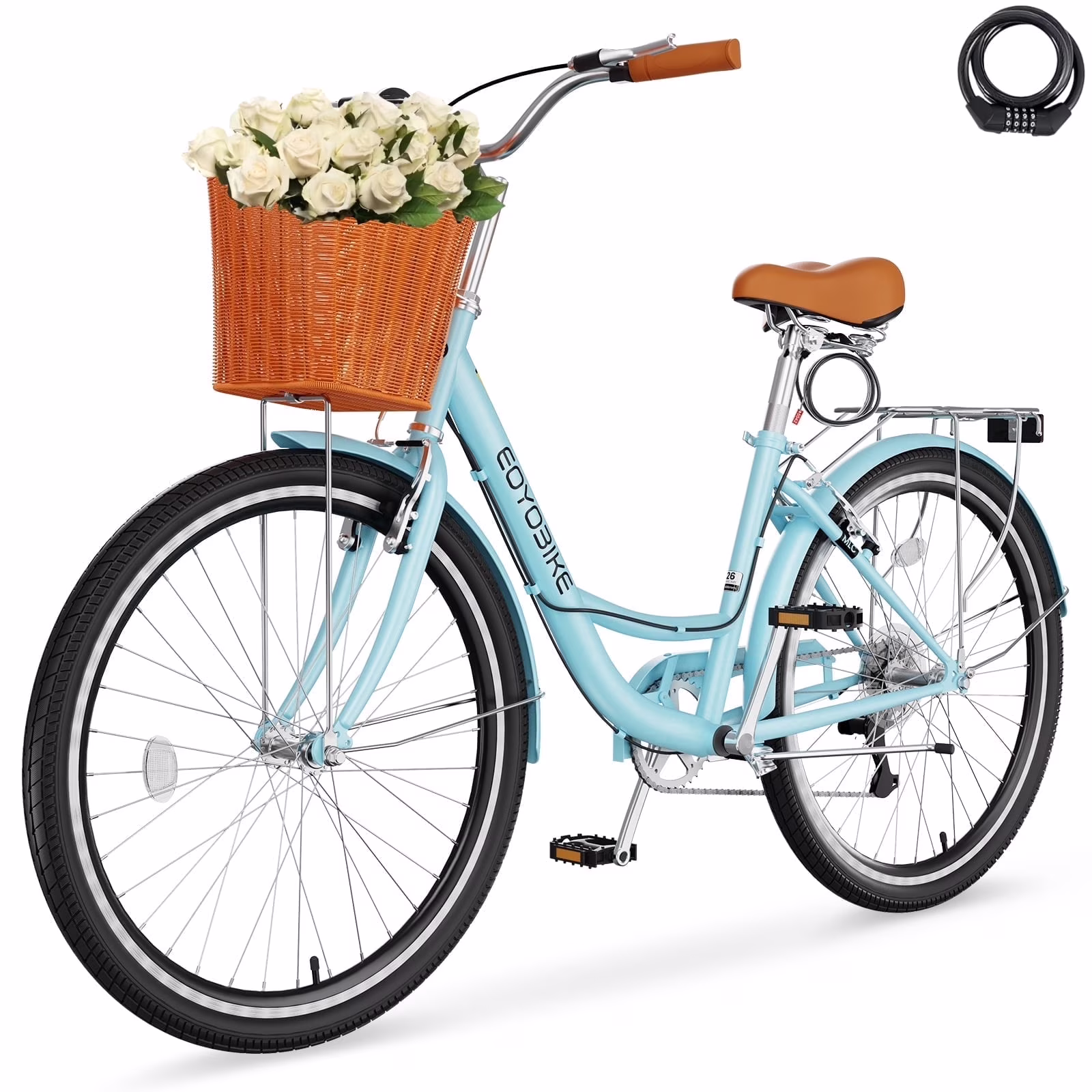 Lilypelle 24/26inch Beach Cruiser Bicycle for Women, 7 Speed Step Through Adult Commute Bike with Basket & Rack,Cyan