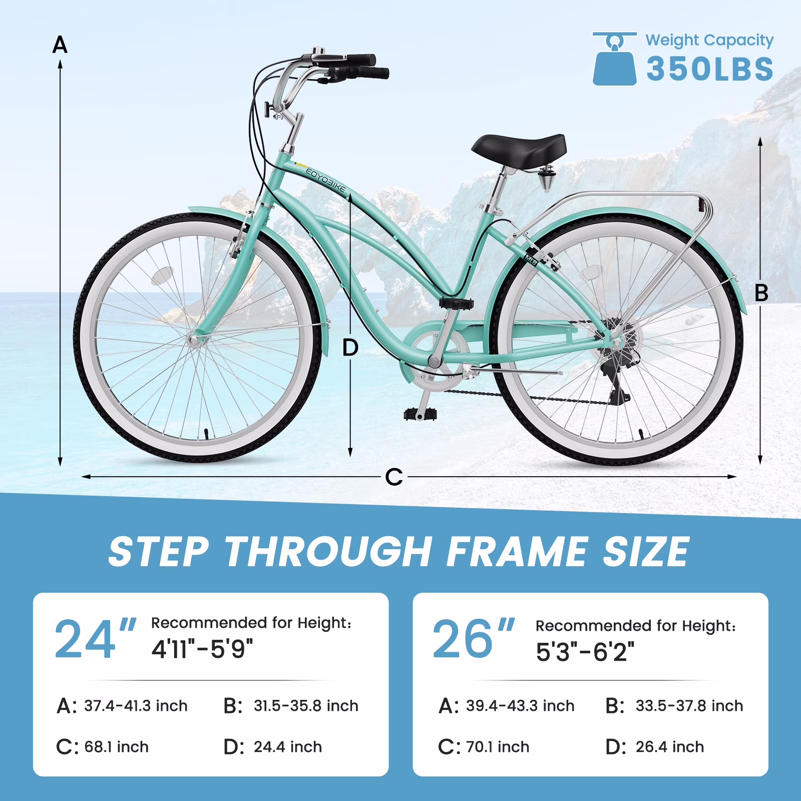 Lilypelle Adults Beach Cruiser Bicycle, 24" 26" Wheel 7 Speed Bike Fits Rider: 4'11"-6'2", Step Through Bikes for Commuting, Unisex - Image 2