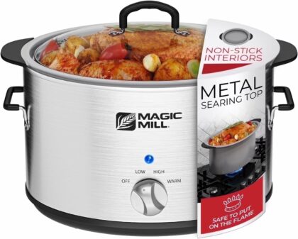 Magic Mill 10-Quart Stainless Steel Slow Cooker with Glass Lid and Nonstick Pot
