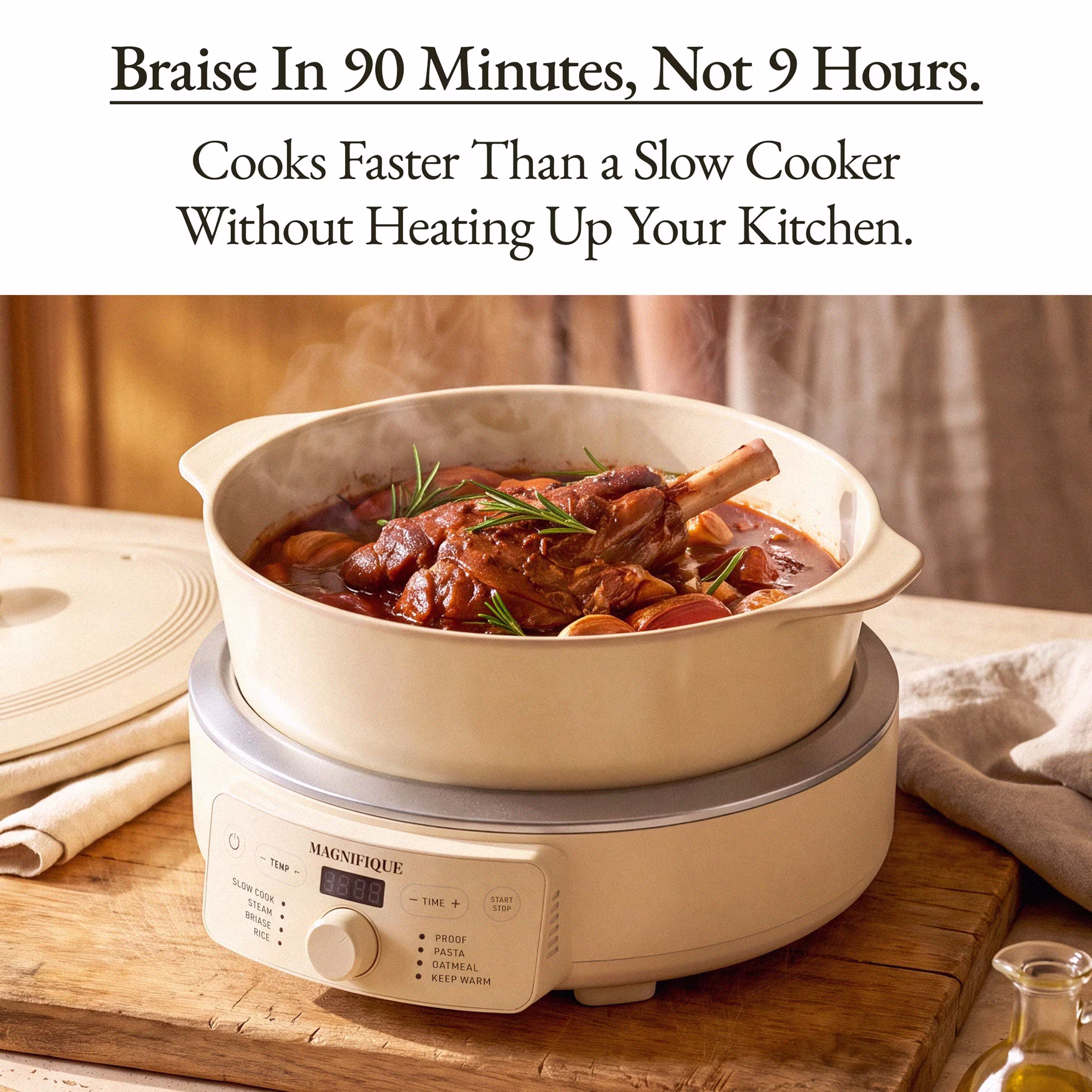 MAGNIFIQUE 4.5 Quart Cream White Round Claypot Multi-Cooker, Digital Slow Cooker with Removable Non-Toxic Pot - Image 2