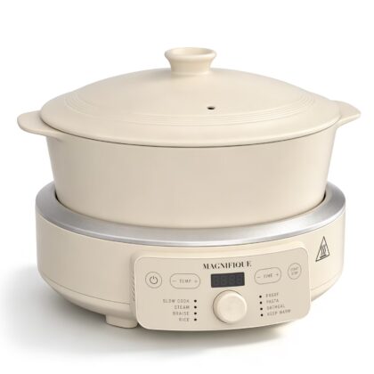 MAGNIFIQUE 4.5 Quart Cream White Round Claypot Multi-Cooker, Digital Slow Cooker with Removable Non-Toxic Pot
