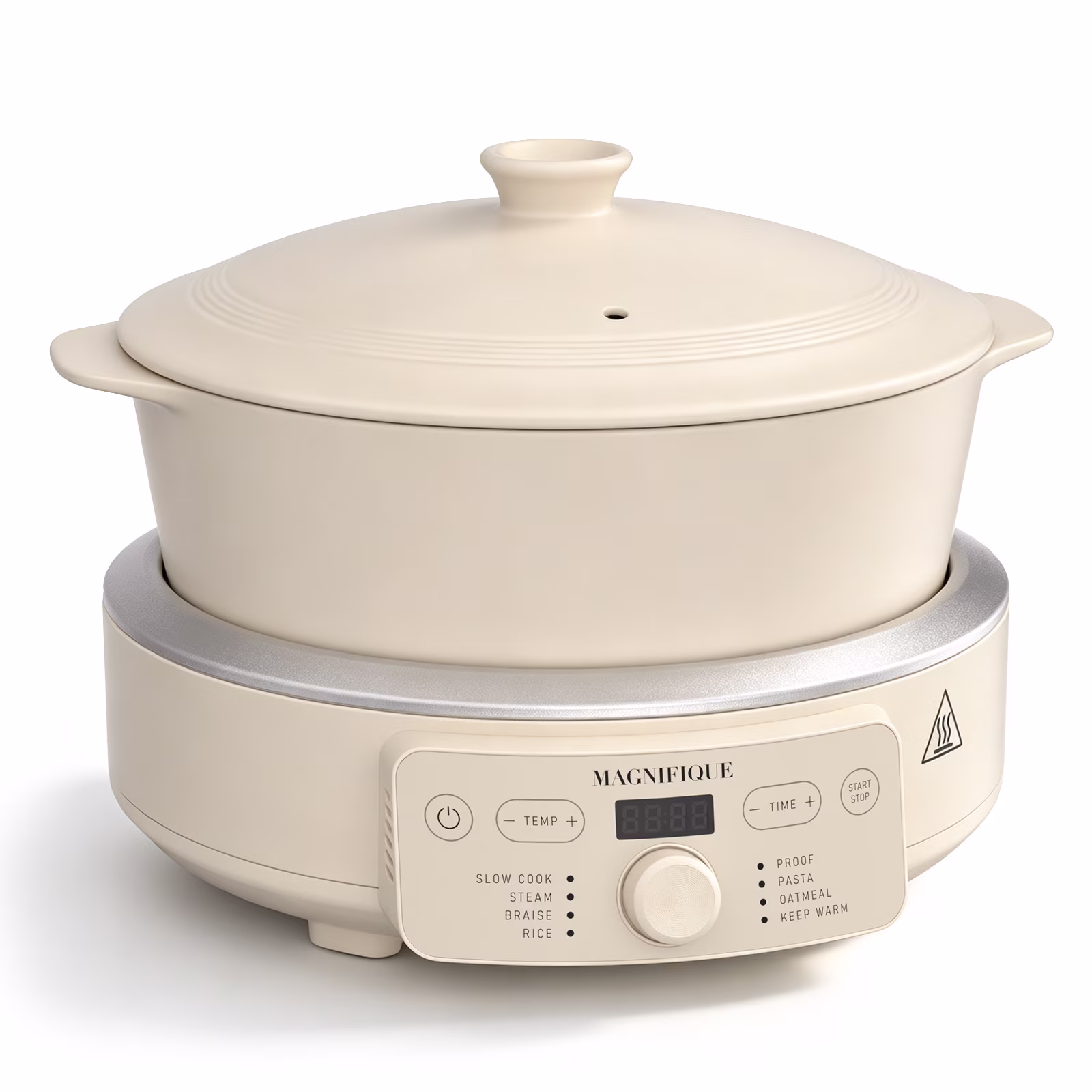 MAGNIFIQUE 4.5 Quart Cream White Round Claypot Multi-Cooker, Digital Slow Cooker with Removable Non-Toxic Pot