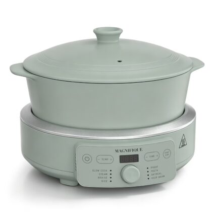 MAGNIFIQUE 4.5 Quart Olive Green Round Claypot Multi-Cooker, Digital Slow Cooker with Removable Non-Toxic Pot