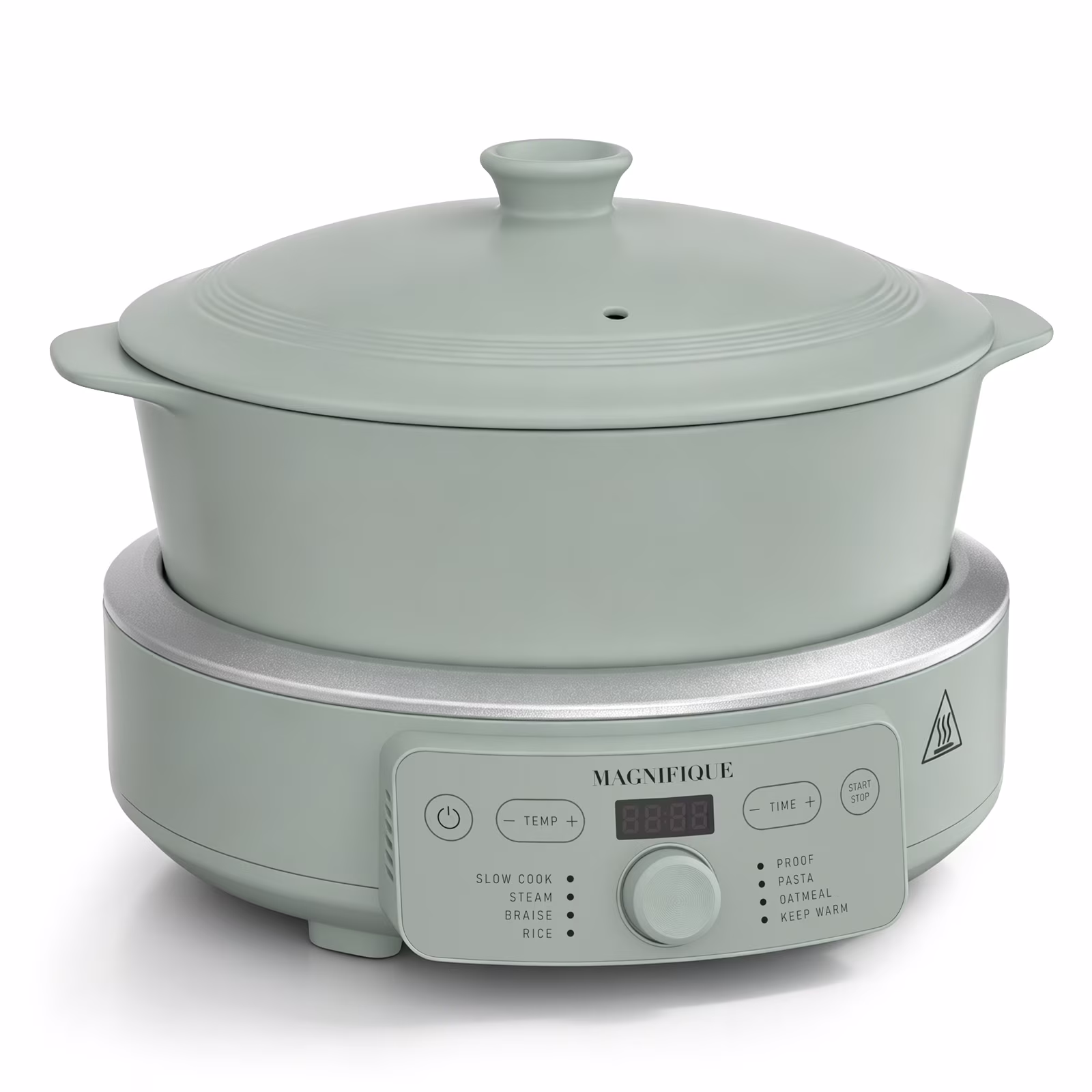 MAGNIFIQUE 4.5 Quart Olive Green Round Claypot Multi-Cooker, Digital Slow Cooker with Removable Non-Toxic Pot
