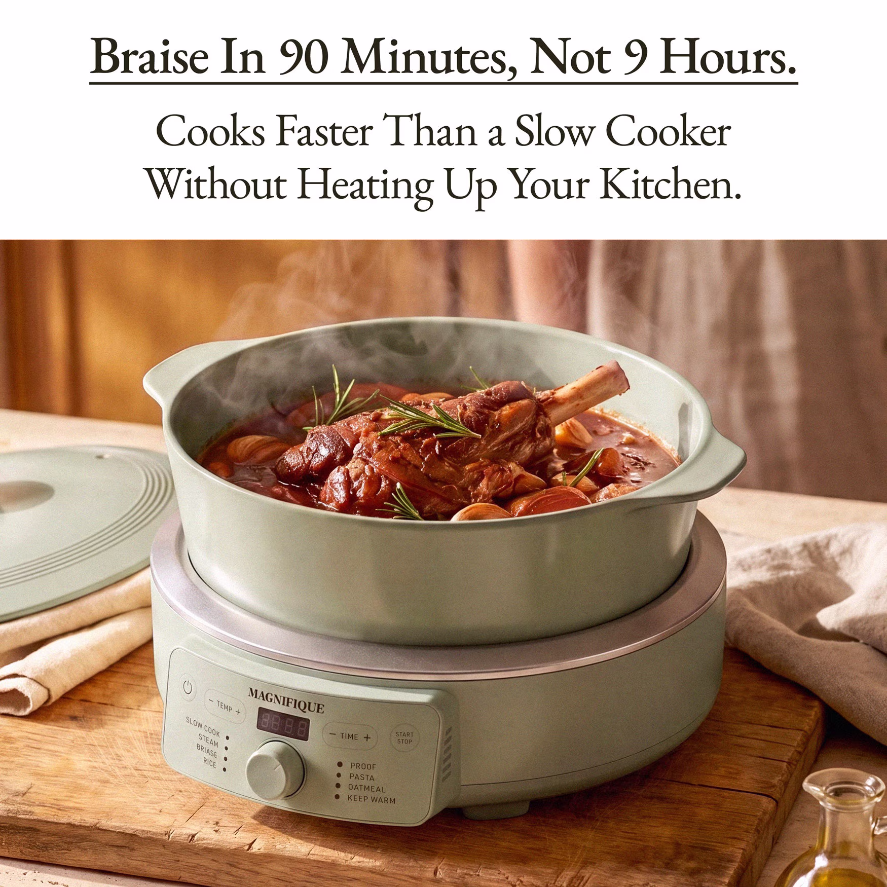 MAGNIFIQUE 4.5 Quart Olive Green Round Claypot Multi-Cooker, Digital Slow Cooker with Removable Non-Toxic Pot - Image 3