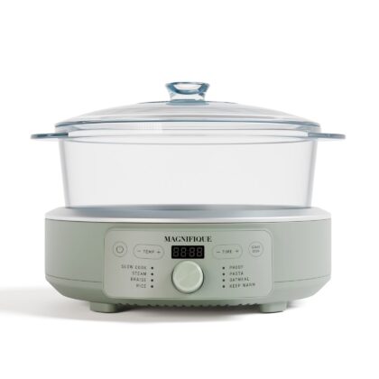MAGNIFIQUE 4.5 Quart Sage White Glass Multi-Cooker, Programmable Round Slow Cooker with Removable Glass Pot