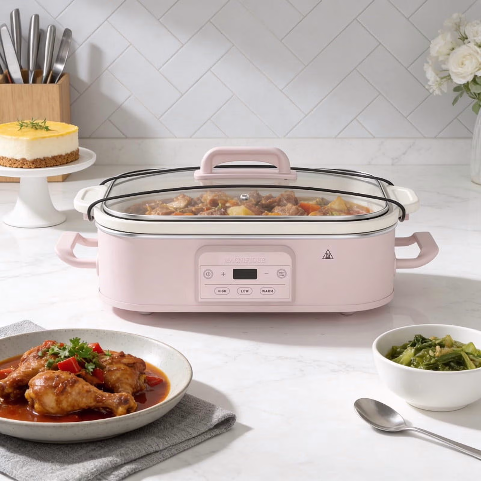 MAGNIFIQUE 4 Quart Pink Casserole Digital Slow Cooker, Premium Ceramic Bakeware for Oven - Image 2